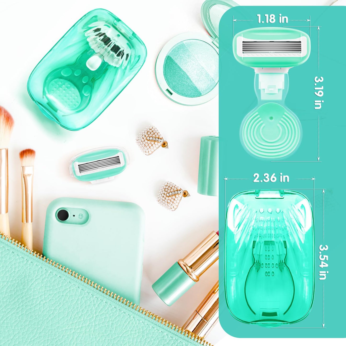 Travel Razors for Women Include 1 Handle and 5 Cartridges, Extra Smooth 5-Blade Mini Razor with Travel Case, Portable Travel Size Toiletries for Women, Green