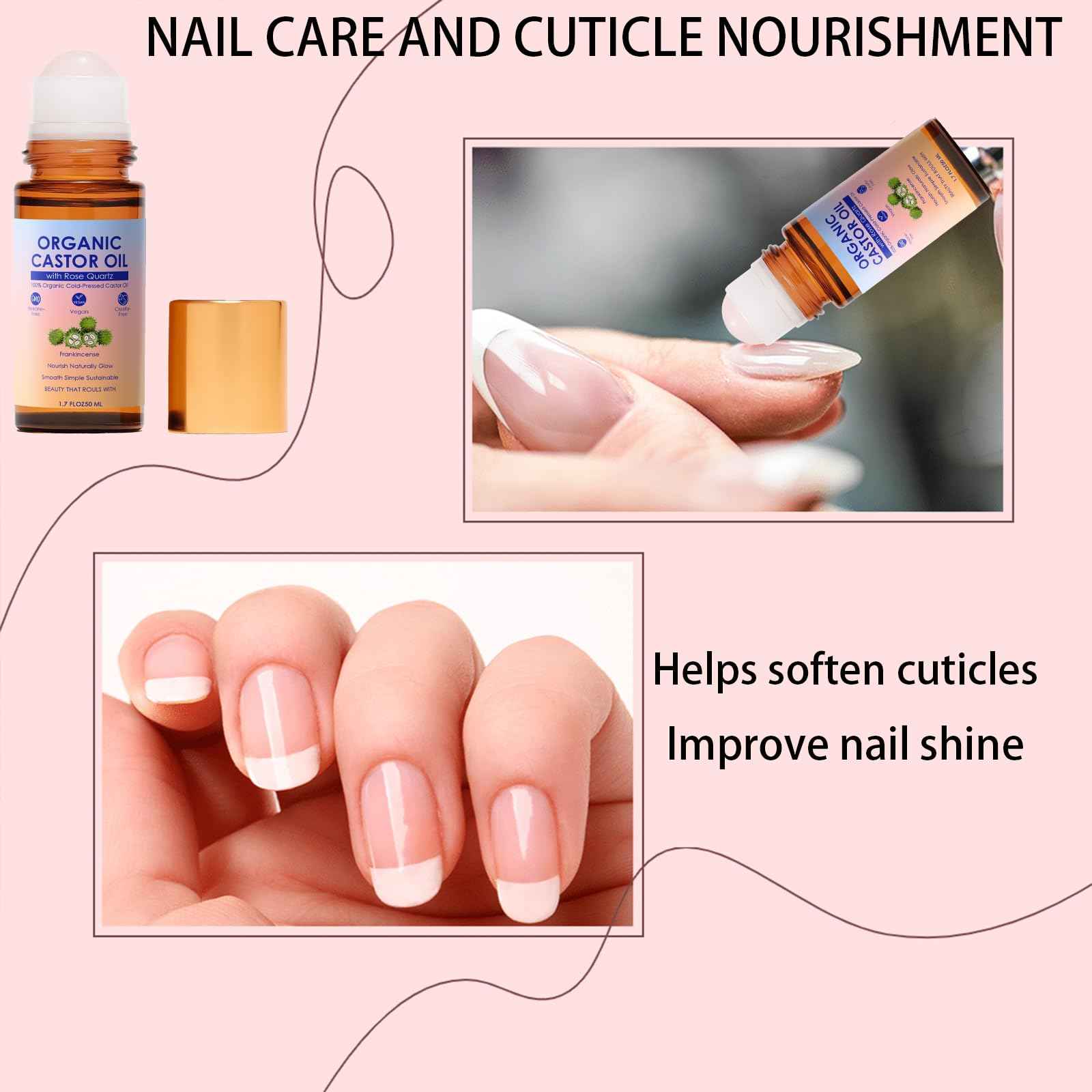 SDXJIOGE Organic Castor Oil with Rose Quartz Roller, 100% Pure Cold-Pressed, Organic Castor Oil Roll On Rose Quartz, Hexane-Free,Amber Glass Bottle for Skin 1.7oz (1)