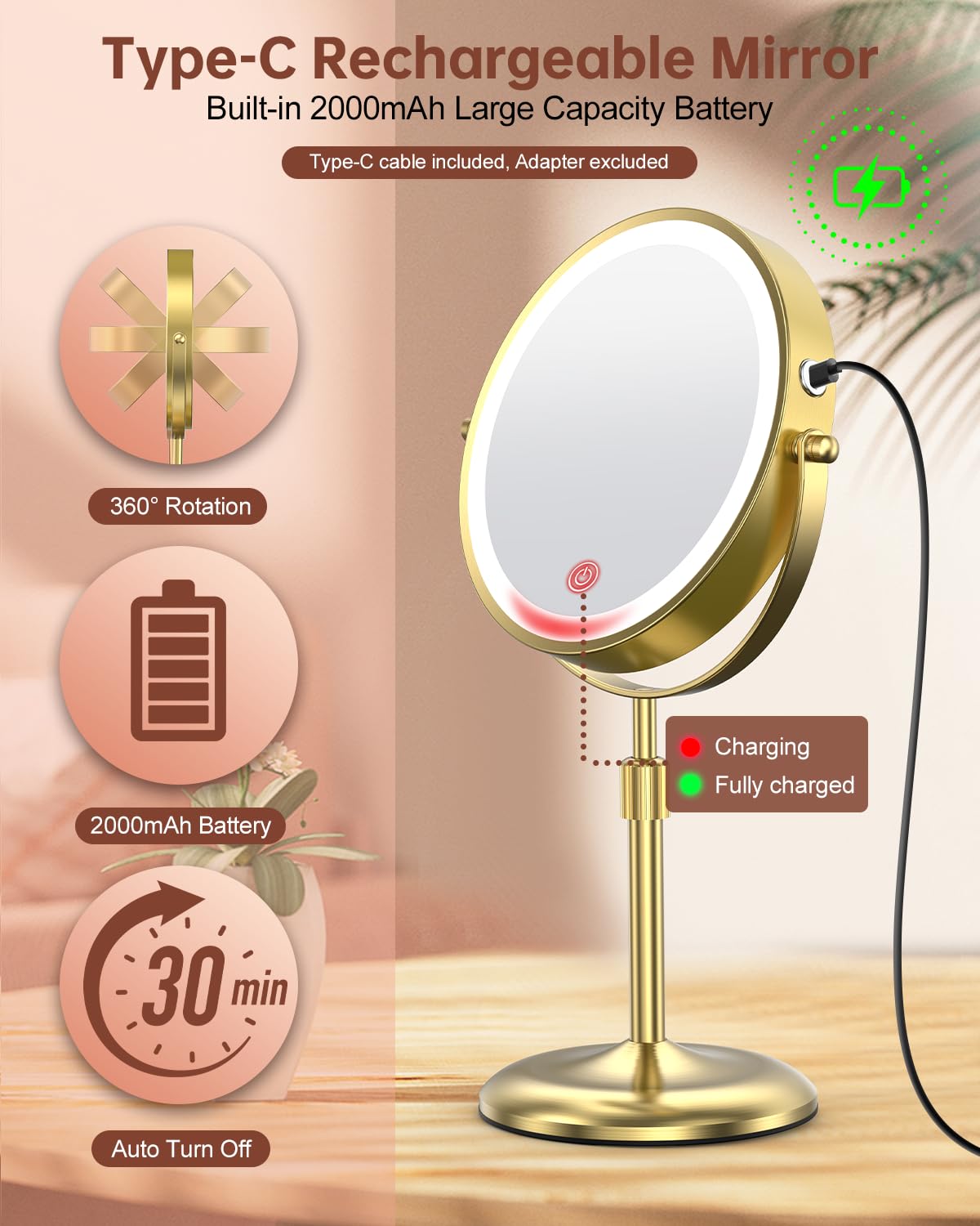 Benbilry Lighted Makeup Mirror with 3 Color Lights & 10X Magnification, Adjustable Brightness & Height, 7 Inch 360° Swivel Rechargeable LED Vanity Mirror, 10X Magnifying Mirror with Light, Gold