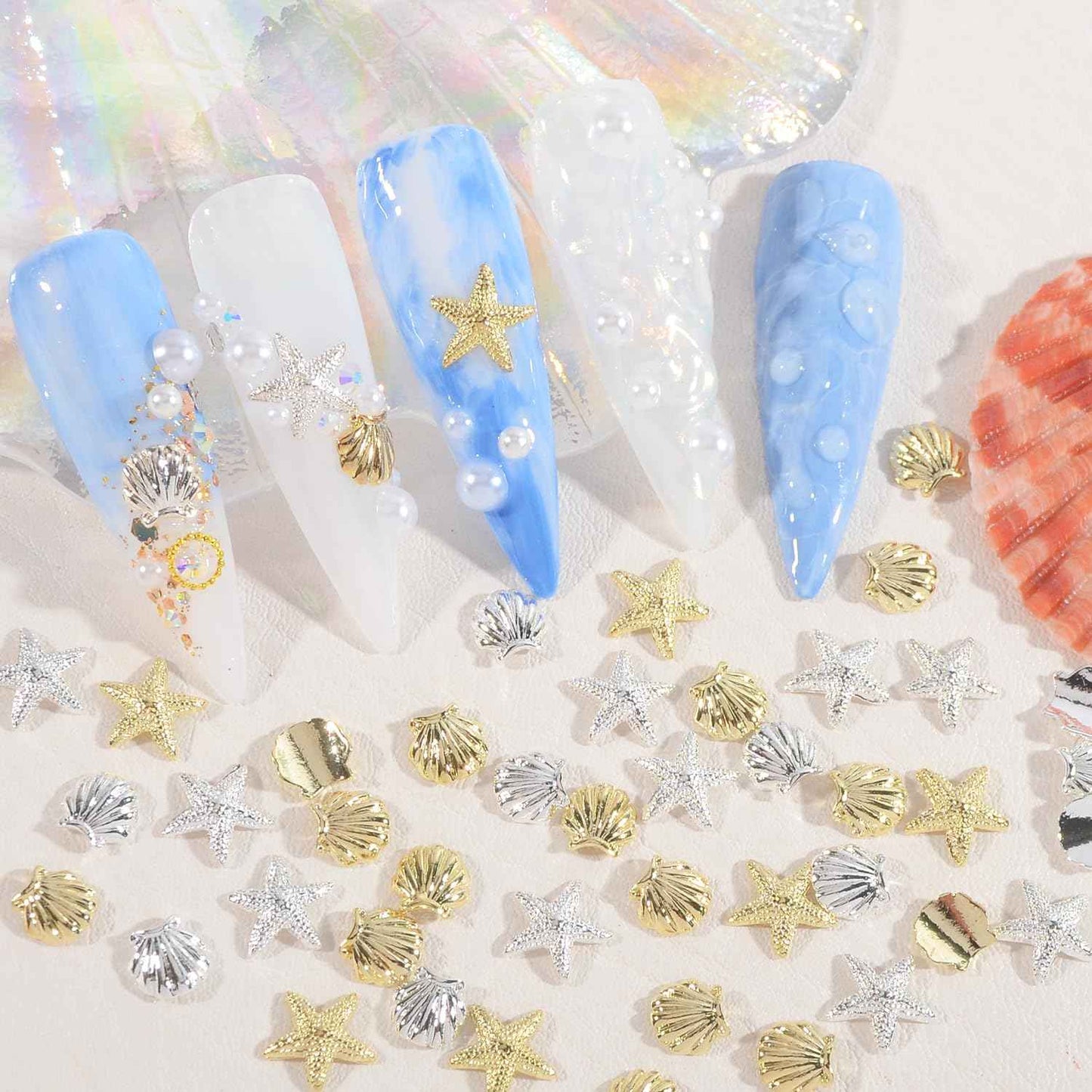 WEILUSI 100PCS Gold Silver Nail Art Charms Ocean Theme Shell Starfish Studs Decals Rivets, Alloy 3D Sea Shell Star Metal Nail Jewelry Supplies for DIY Manicure Decoration