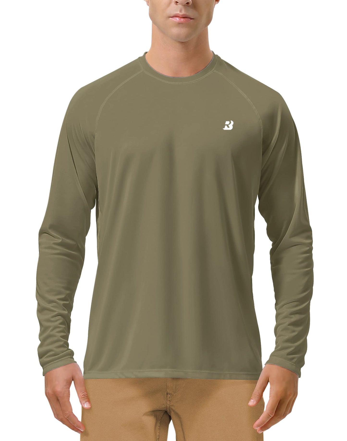 Roadbox Mens UPF 50+ UV Sun Protection Shirts Outdoor Long Sleeve SPF Diving Rash Guard for Fishing Hiking Swimming Khaki