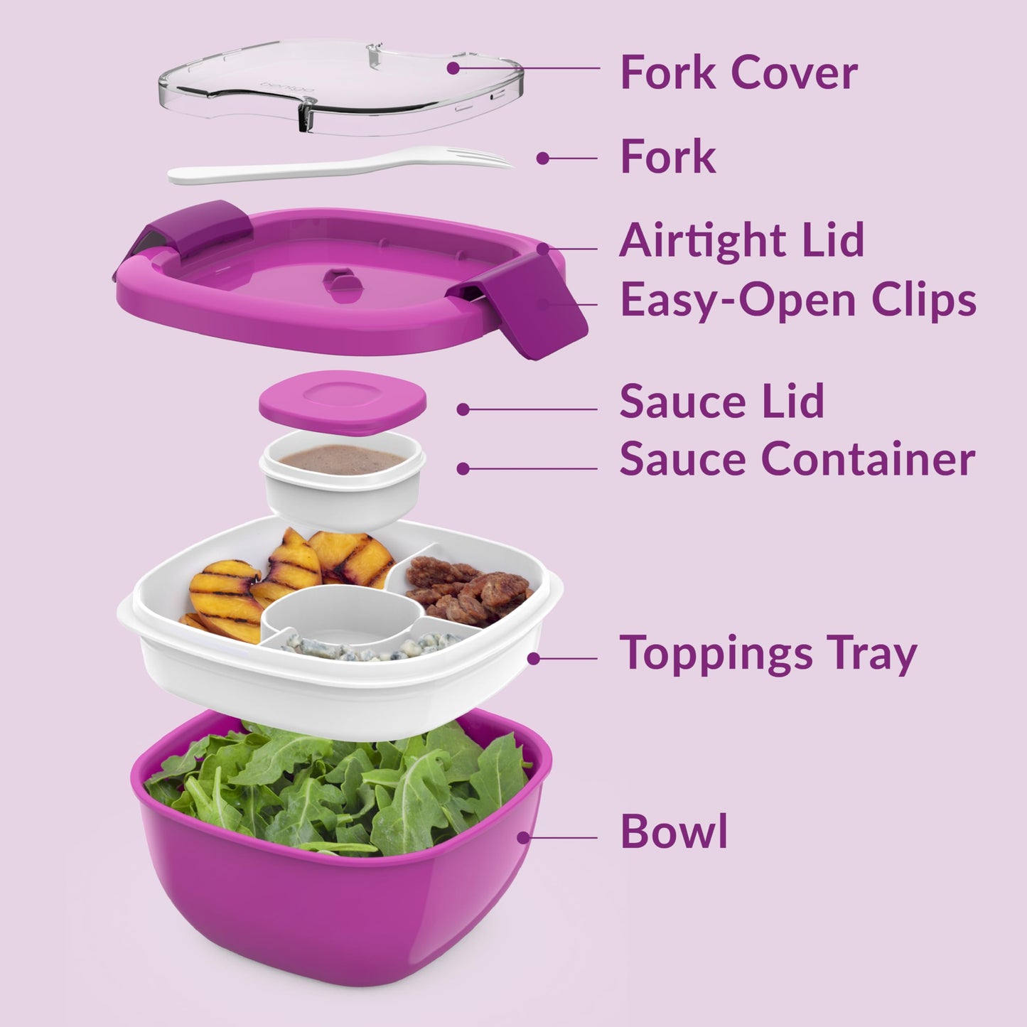 Bentgo All-in-One Salad Container - Large Salad Bowl, Bento Box Tray, Leak-Proof Sauce Container, Airtight Lid, & Fork for Healthy Adult Lunches; BPA-Free & Dishwasher/Microwave Safe (Purple)