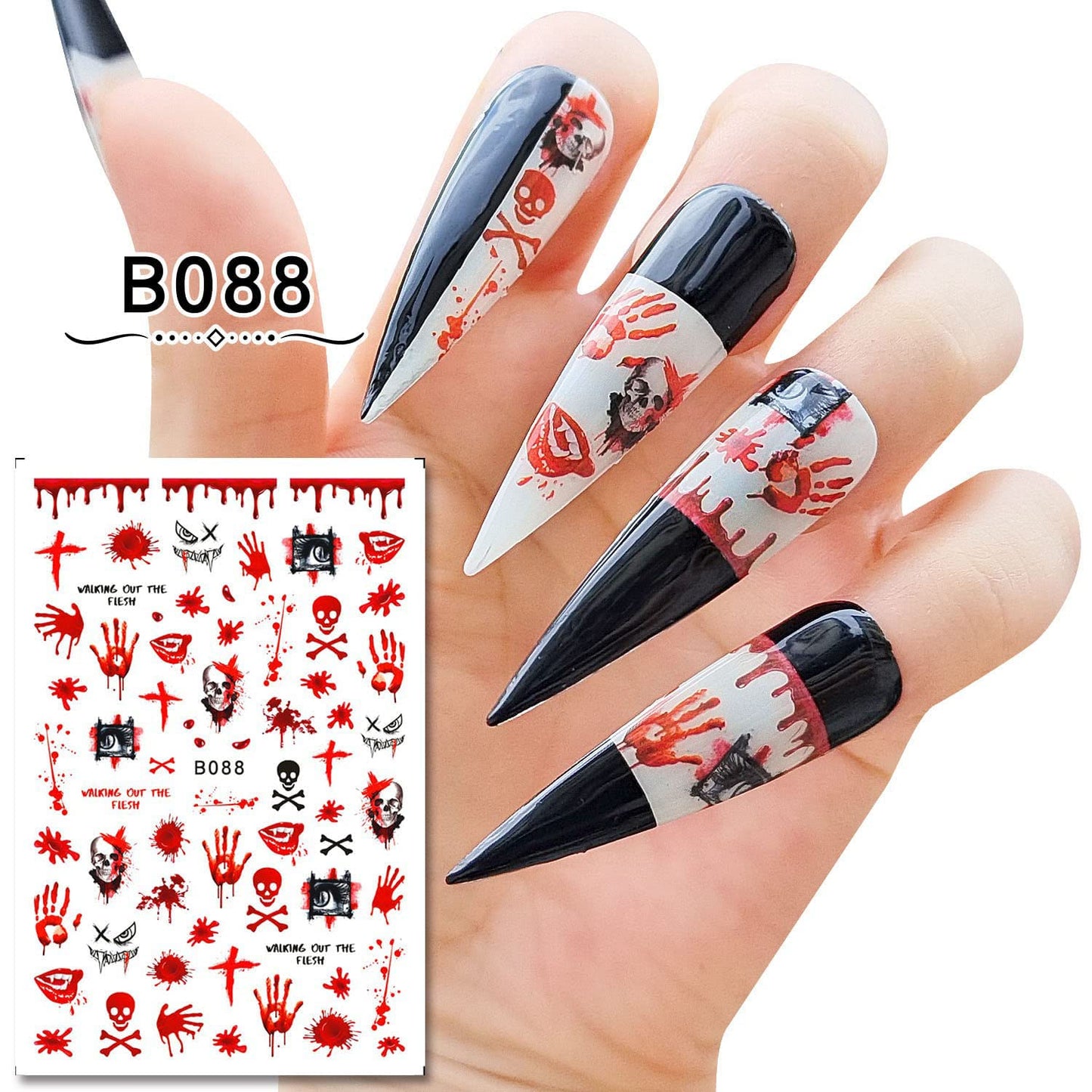 12 Sheets Halloween Nail Art Stickers 3D Self-Adhesive Nail Decals Skull Witch Ghost Horror Mouth Wound Scar Bloody Nail Designs Sticker for Women Girls Kids Halloween Party Supplies