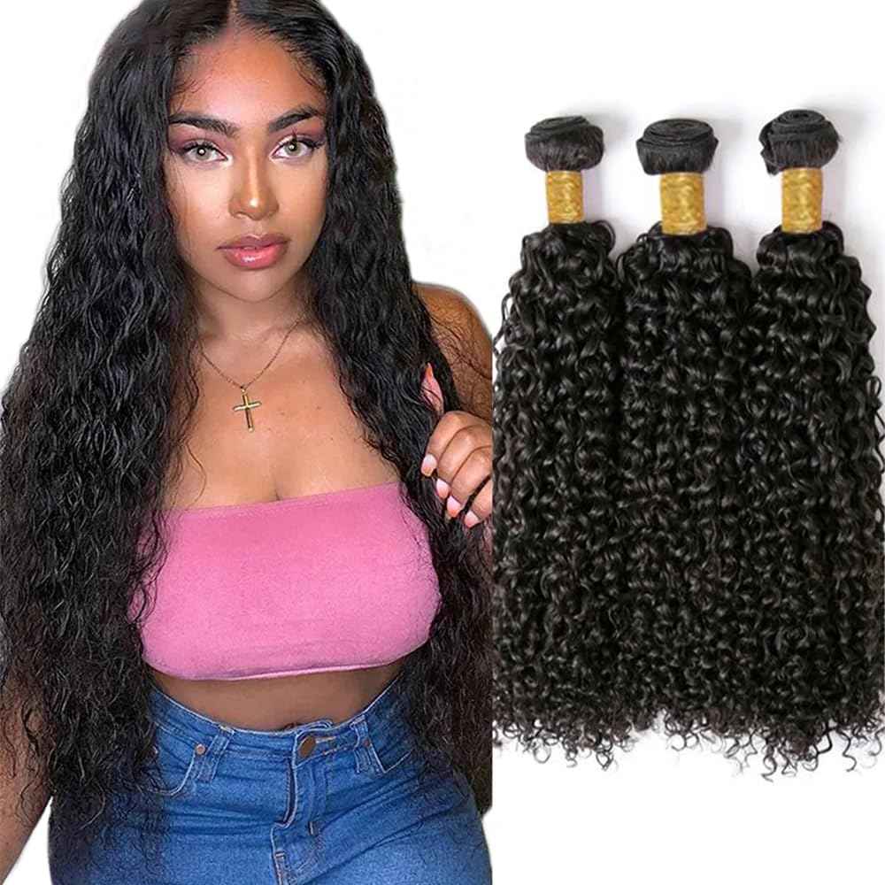 Kinky Curly Human Hair Bundles Afro Curly Bundles Human Hair Natural Black 12 14 16 Inch Quick Weave Unprocessed Remy Hair Extensions For Women Double Weft 300G