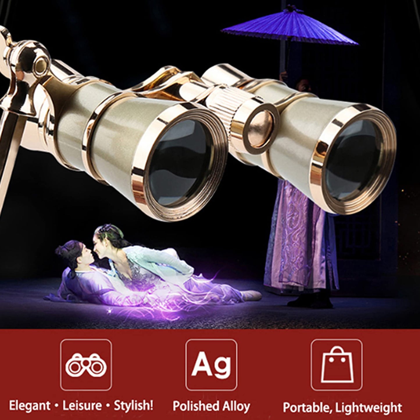 Yourelexit® Opera Glasses Binoculars Lorgnette Theater Optical Glasses Mini Compact Lightweight Built-in Foldable Adjustable Handle with Neck Chain Vintage Adults Kids Women in Musical Concert Cinema