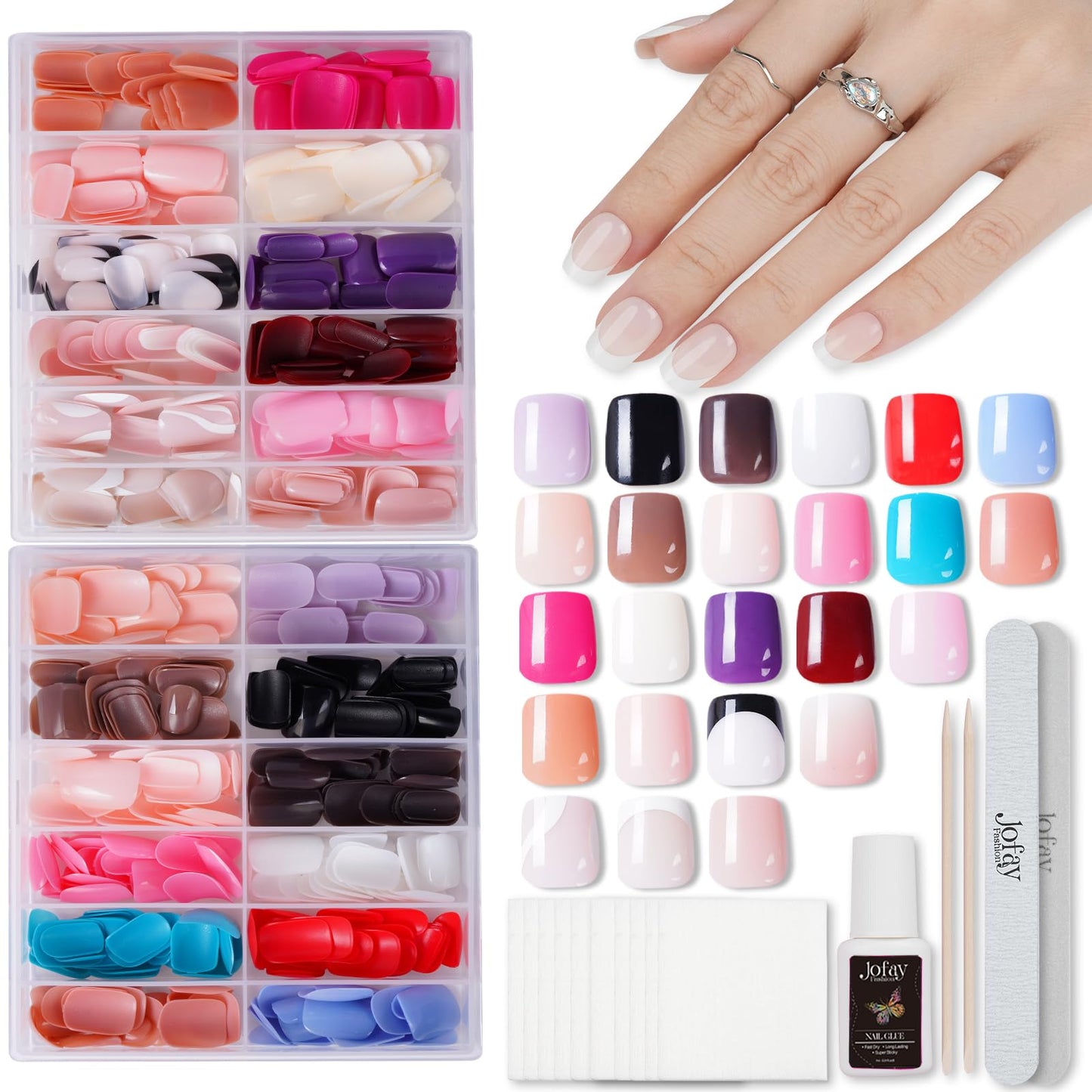 24Packs | 576Pcs False Nails Tips Press on Nails Short, Jofay Fashion Solid Color Fake Nails with Glue, Reusable Swirl/Gradient Acrylic False Nails with Design,Glue on Nails Stick on Nails