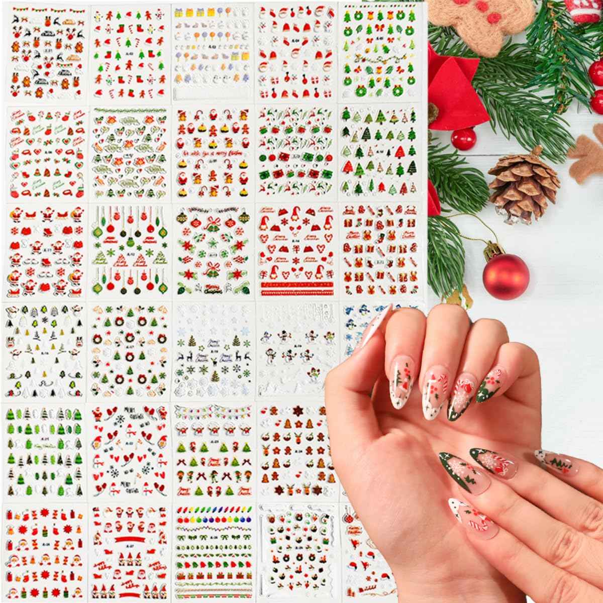 Christmas Nail Stickers 3D Embossed Santa Claus Christmas Tree Nail Art Stickers Self Adhesive Nail Decals Snowman Snowflake Nail Art for Women Manicure DIY Nails Supplies 30 Sheets