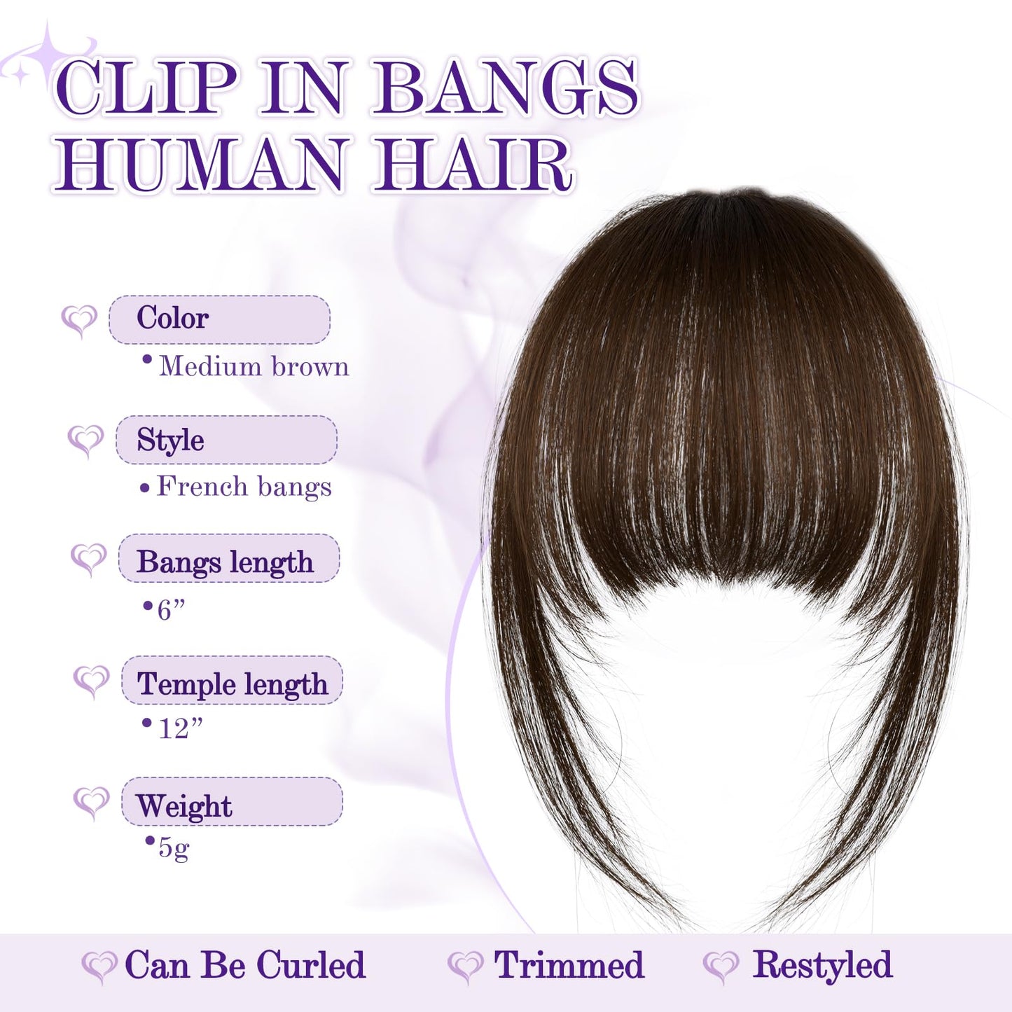 Earfodo Clip in Bangs 100% Human Hair Extensions Fake Bangs Hair Clip on Bangs for Women Clip in Hairpieces Wispy Fringe Bangs for Daily Wear(4.5 * 6,Medium Brown)