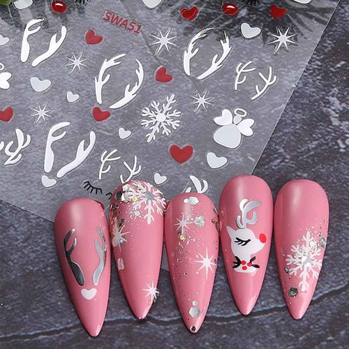 Christmas Nail Stickers, Winter Nail Decals 3D Self-Adhesive Red Green Snowflake Bell Xmas Tree Reindeer Winter Nail Design Holiday Nail Art Decoration for Women Girls(6Sheets)