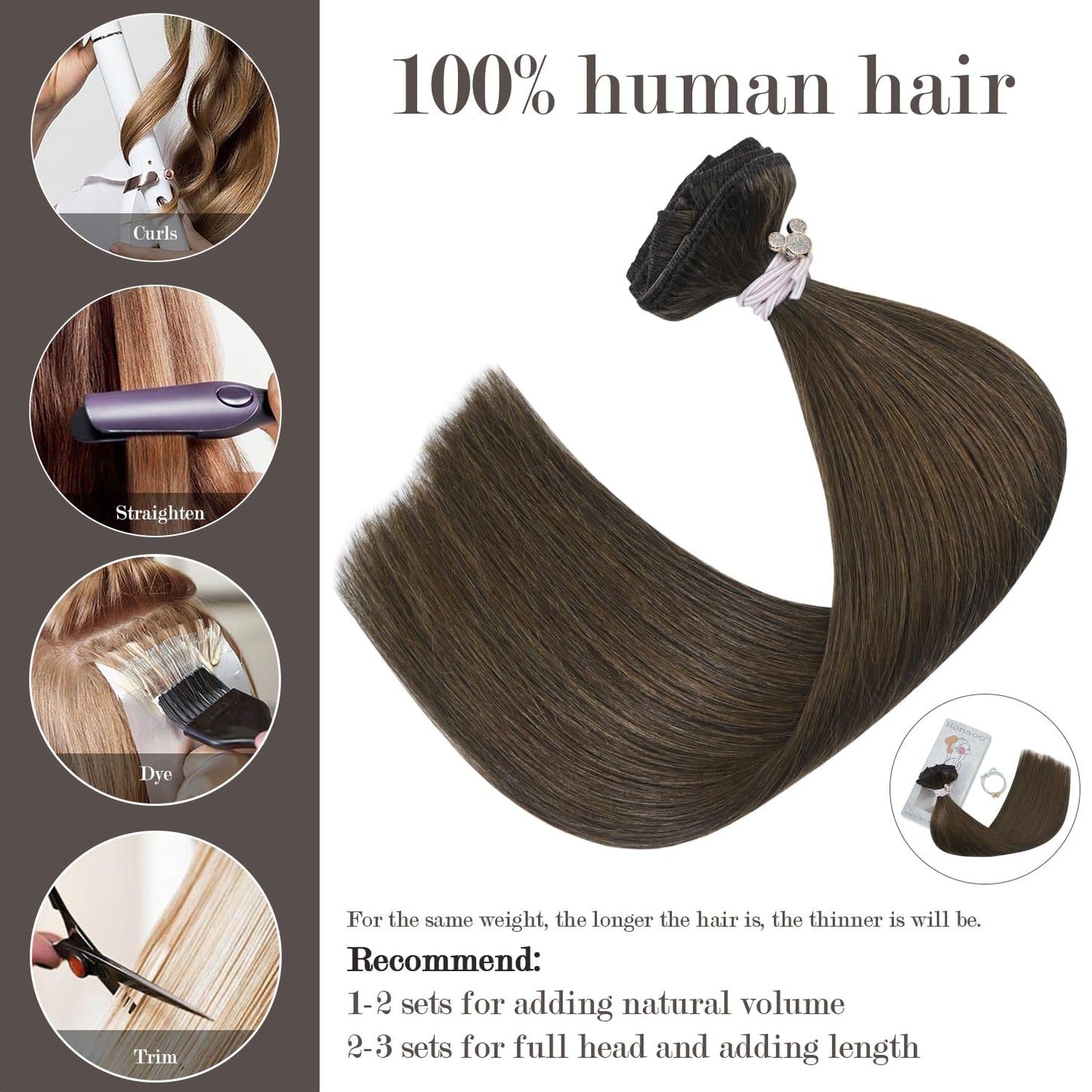 Honsoo Medium Brown Clip In Hair Extensions Real Human Hair 70g 7pcs 12inch Short Remy Human Hair Seamless Clips Soft Hair No Tangles For Women