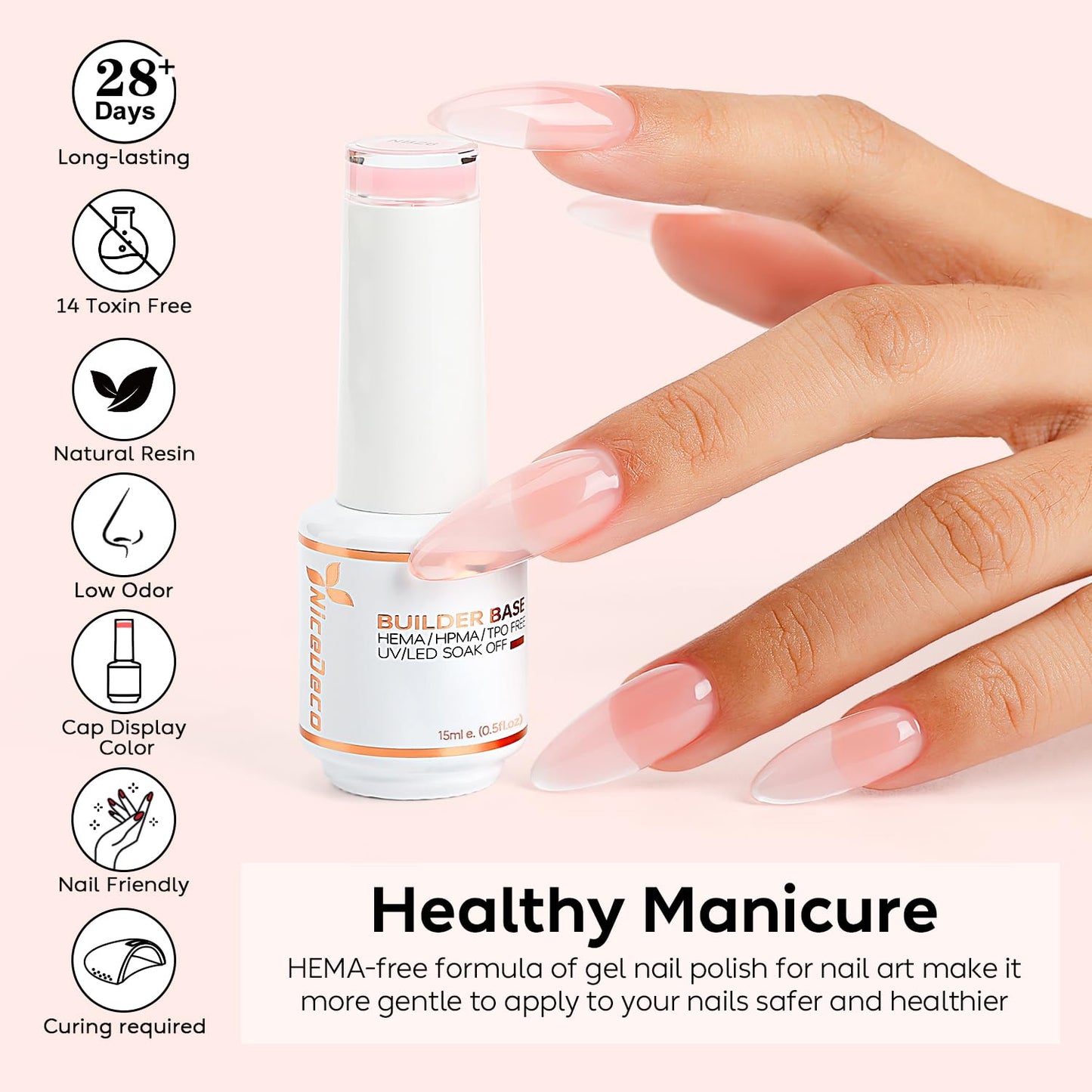 Nicedeco Builder Nail Gel 15ML 8 in 1 Builder Base Gel Clear Gel Nail Polish Strengthener Gel Hard Gel Builder Extension Nail Gel for Nail Art Design-001