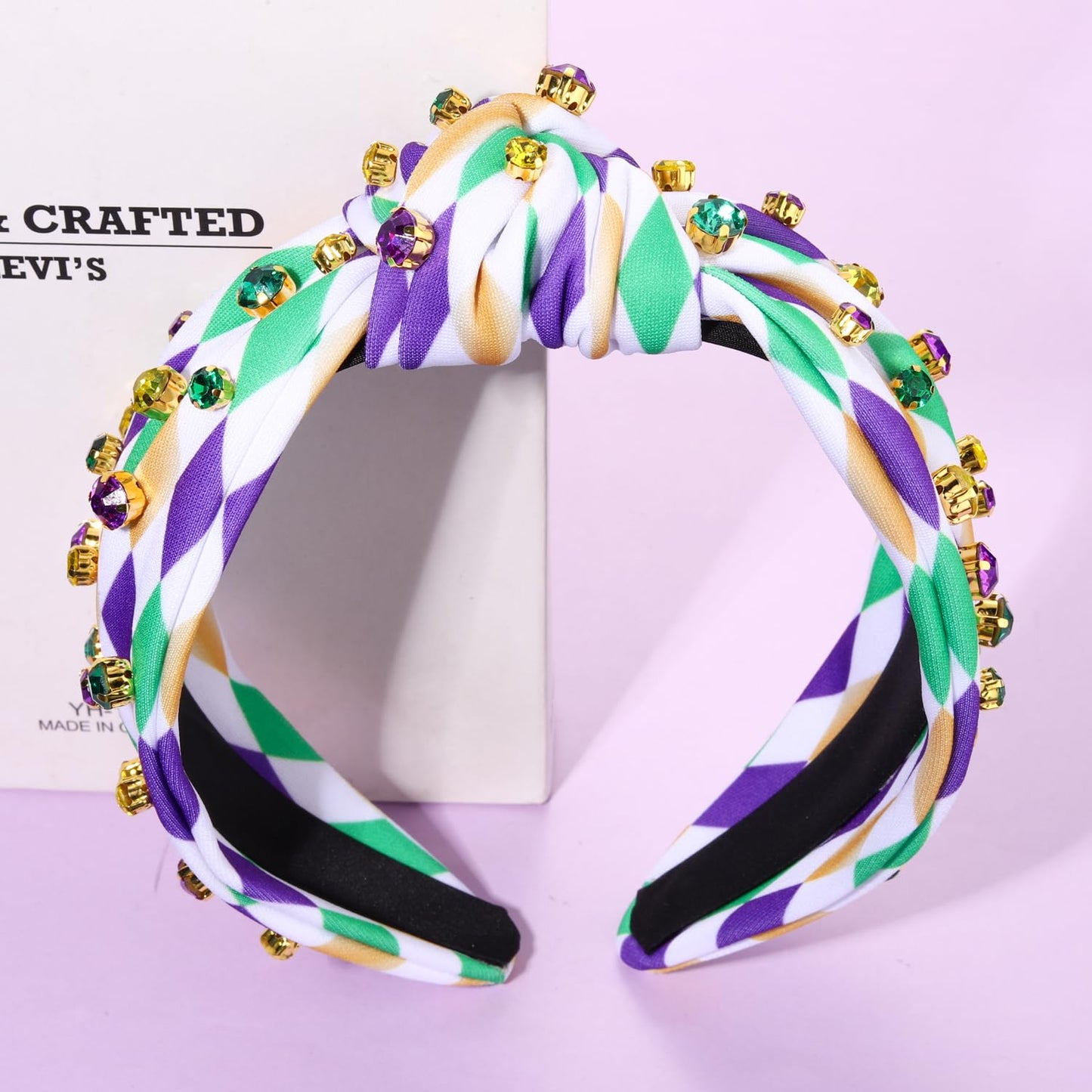 GLBCC Mardi Gras Headband for Women Mardi Gras Masks Knotted Headband Accessories Purple Rhinestone Beads Jeweled Wide Hairband Carnival Parade Outfit Decorations (mardi gras knot hairband A)