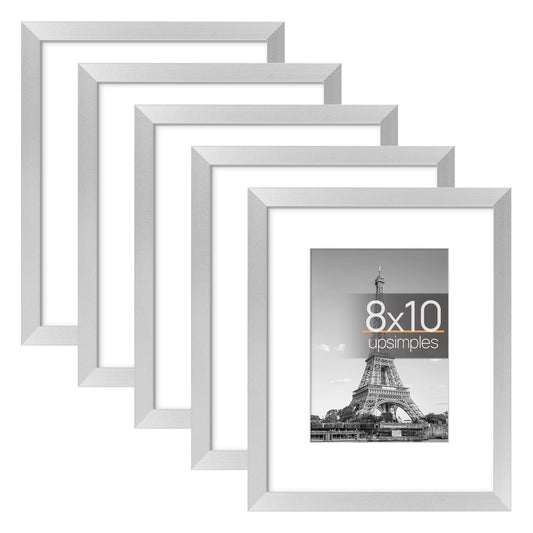 upsimples 8x10 Picture Frame Set of 5, Display Pictures 5x7 with Mat or 8x10 without Mat, Wall Gallery Photo Frames, Silver