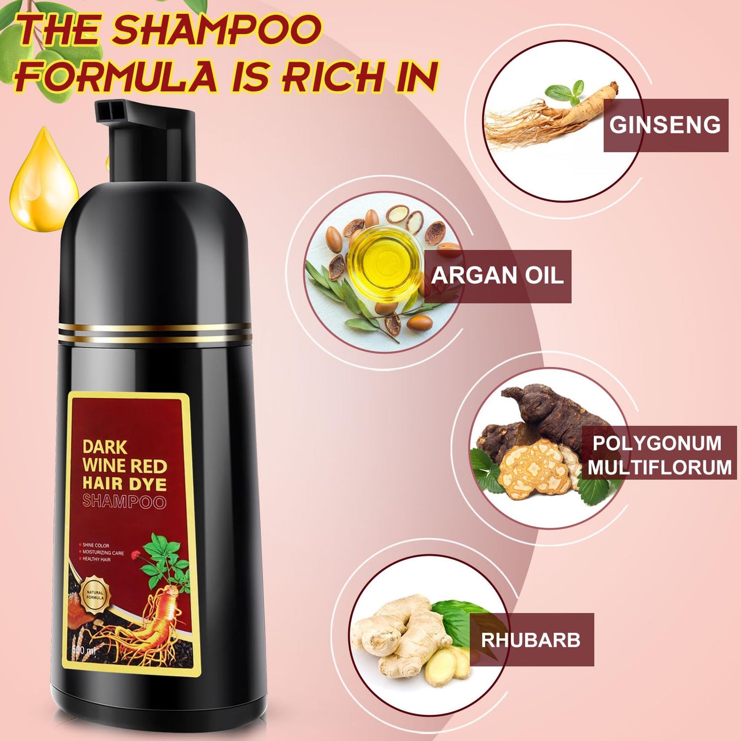 Dark Wine Red Herbal Hair Dye Shampoo 3 in 1, 500ml for Gray Hair Grey Coverage Shampoo for Women Men