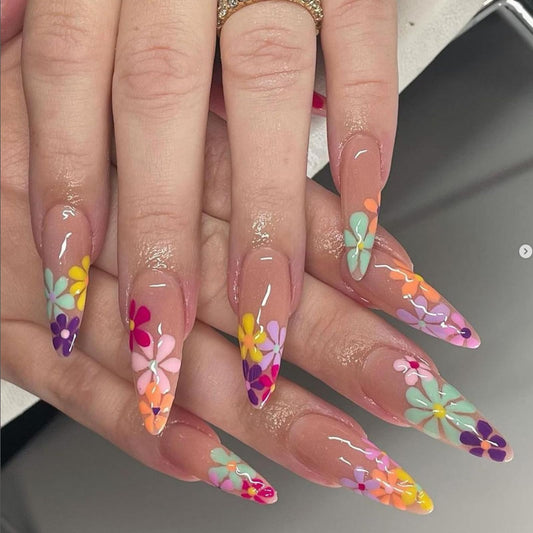 Flower Press on Nails Long Stiletto Fake Nails with Designs French Flower Nude Pink Full Cover Acrylic Artificial Spring False Nails Summer Glue on Nails for Women and Girls 24Pcs