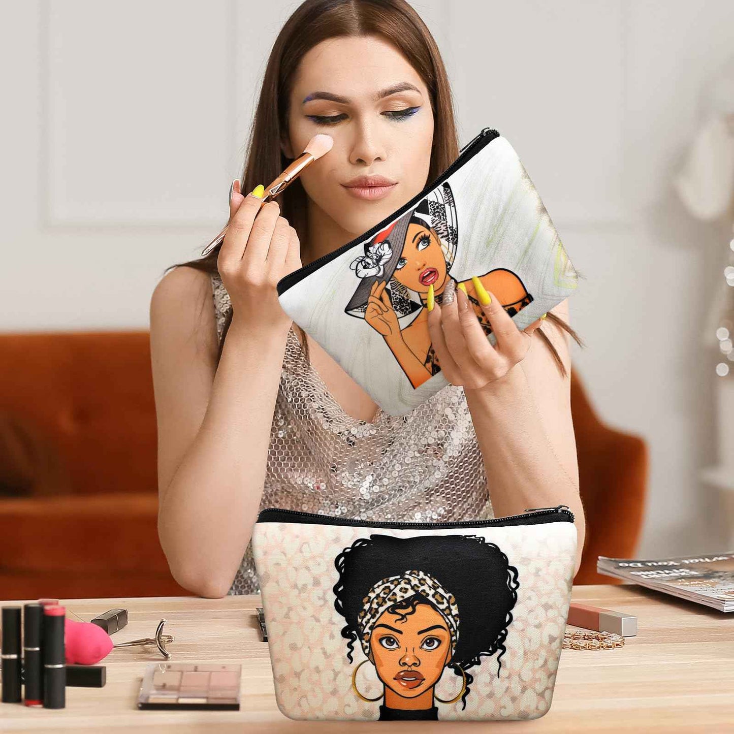 Umigy 12 Pcs African Girl Makeup Bag Black Girl Makeup Bag Afro Melanin Art Cosmetic Canvas Bags Funny Cute Reusable Toiletry Pouch Organizer Black Owned Business Gift for Women Lady(Leopard Print)