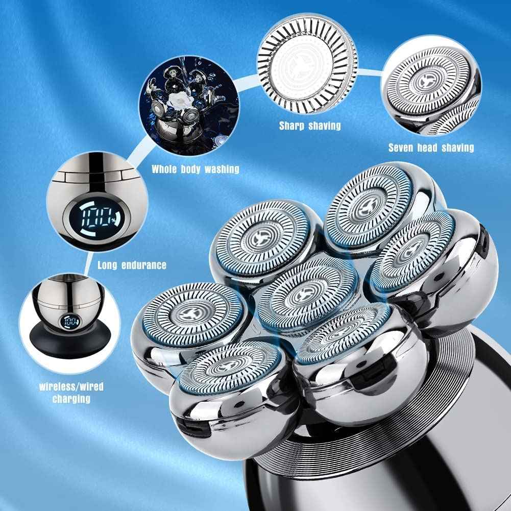 Head Shavers for Bald Men, Wjiang 6 in 1 Electric Razor Mens Shaver Wet Dry Cordless Electric Skull Shavers 7D Floating Rechargeable Bald Head Shaver Back for Men Father's Day Gifts