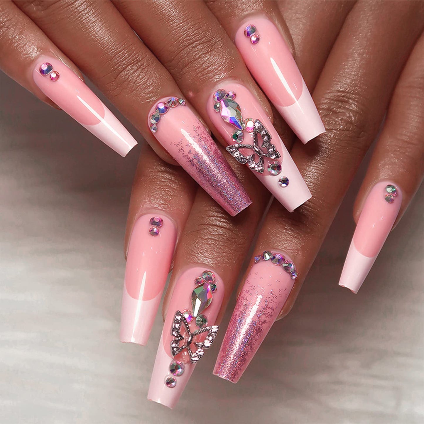 Luxury Long Press on Nails Coffin Pink Fake Nails Acrylic False Nails with Butterfly Rhinestones Design French Tip Full Cover Stick on Nails Glossy Artificial Nails Women