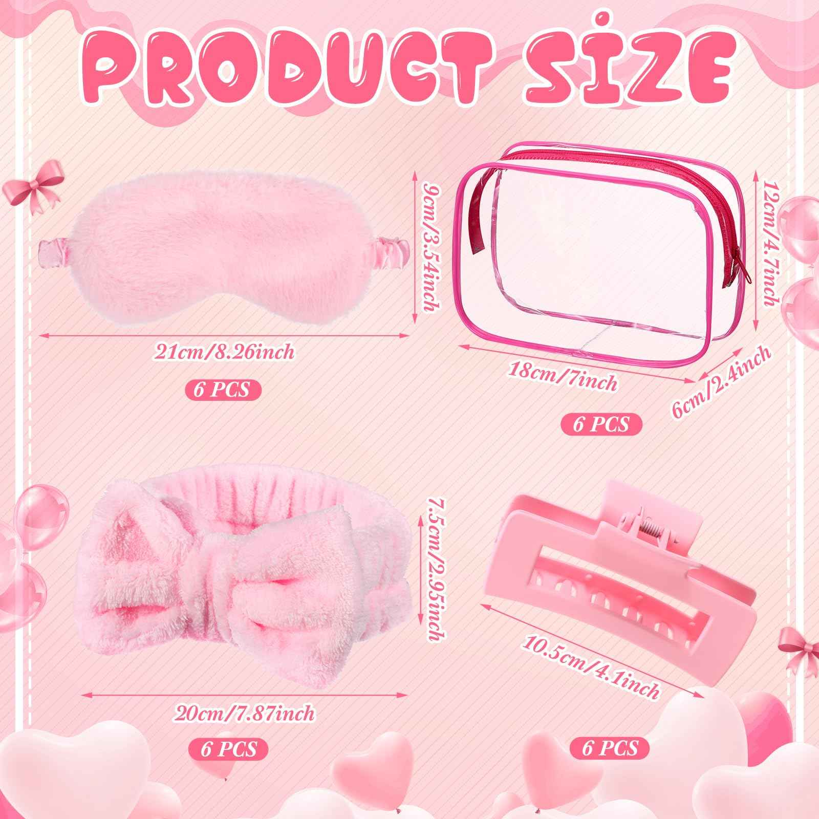 Hoteam 24 Pcs Sleepover Spa Party Favors Supplies 6 Spa Headband 6 Plush Sleep Eye Mask 6 Hair Claw Clips 6 Clear Cosmetic Bags for Slumber Party Christmas Gift(Pink)