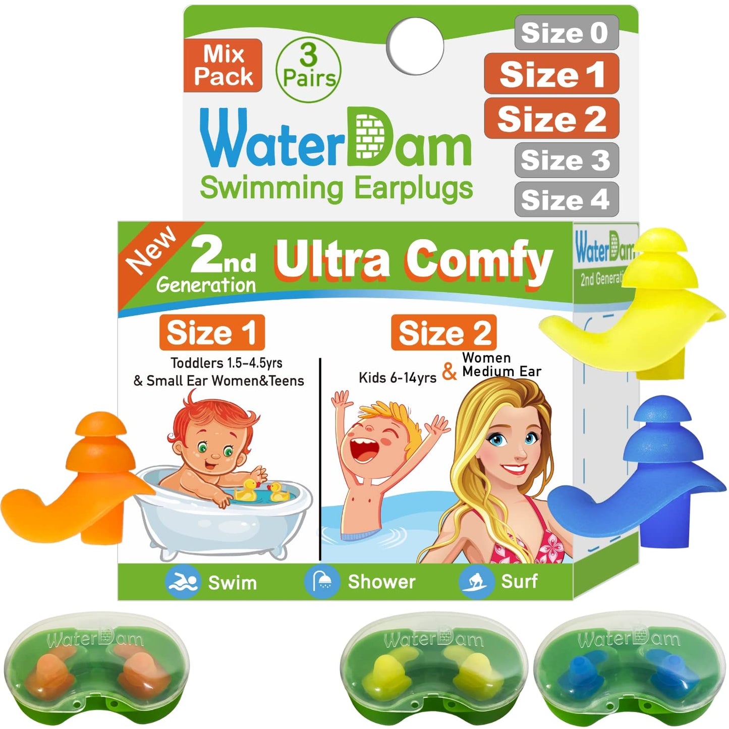 WaterDam Swimming Ear Plugs Great Waterproof Ultra Comfy Earplugs Prevent Swimmer's Ear