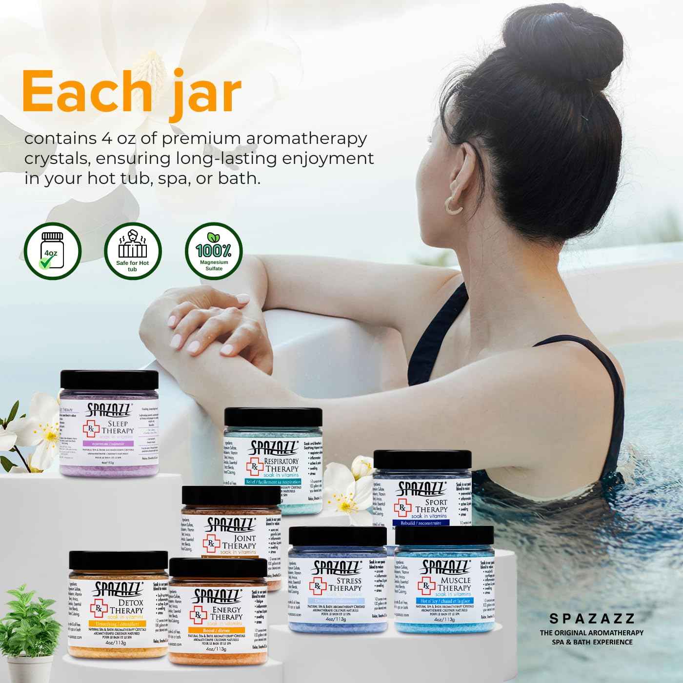 Spazazz RX Therapy Hot Tub Spa and Bath Aromatherapy Salt Crystals 4oz 8 Pack Sample Bundle Includes Muscle - Joint - Detox - Stress - Respiratory - Sport -Sleep - Energy. Great for Muscles & Joints