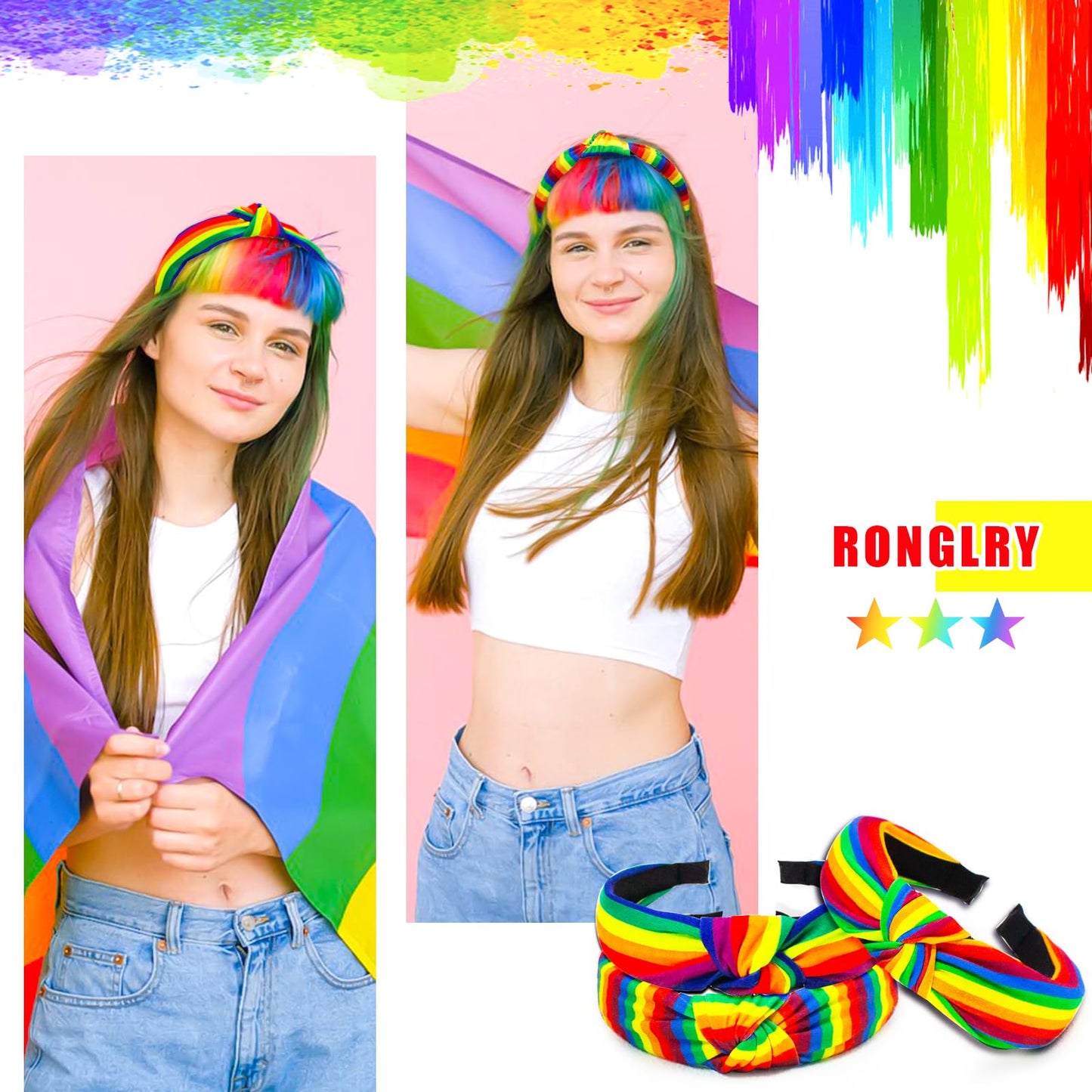 Rainbow Headbands for Women - Colorful Striped Elastic Non-Slip Gay Pride LGBTQ Hair Hoops and Accessories, Bulk Pack