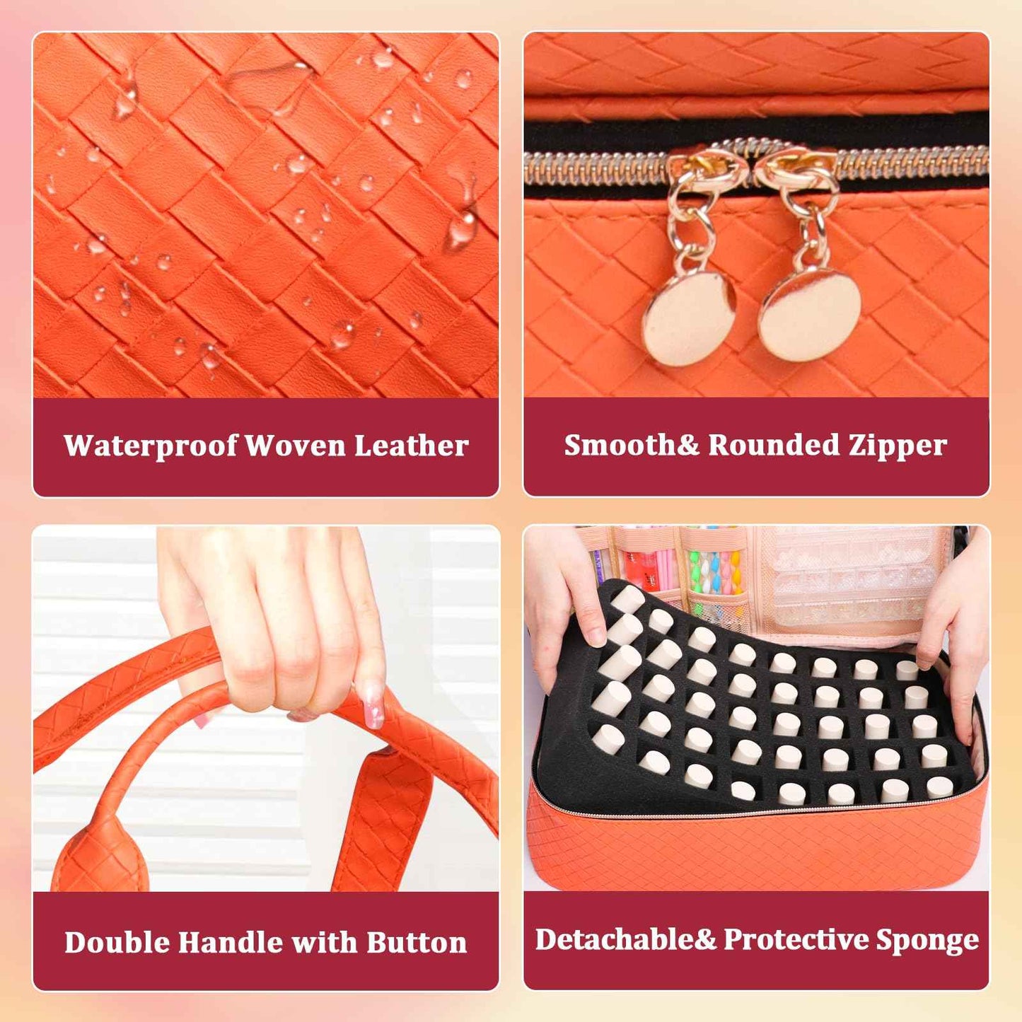 SIYNPAV Nail Polish Organizer Bag Holds 50 Bottles (15ml/0.5 fl.oz)& Nail Lamp, Woven Leather Nail Kit Storage Case with Holder Staps, Portable Nail Supplies Organizer for Manicure Tools (Orange)