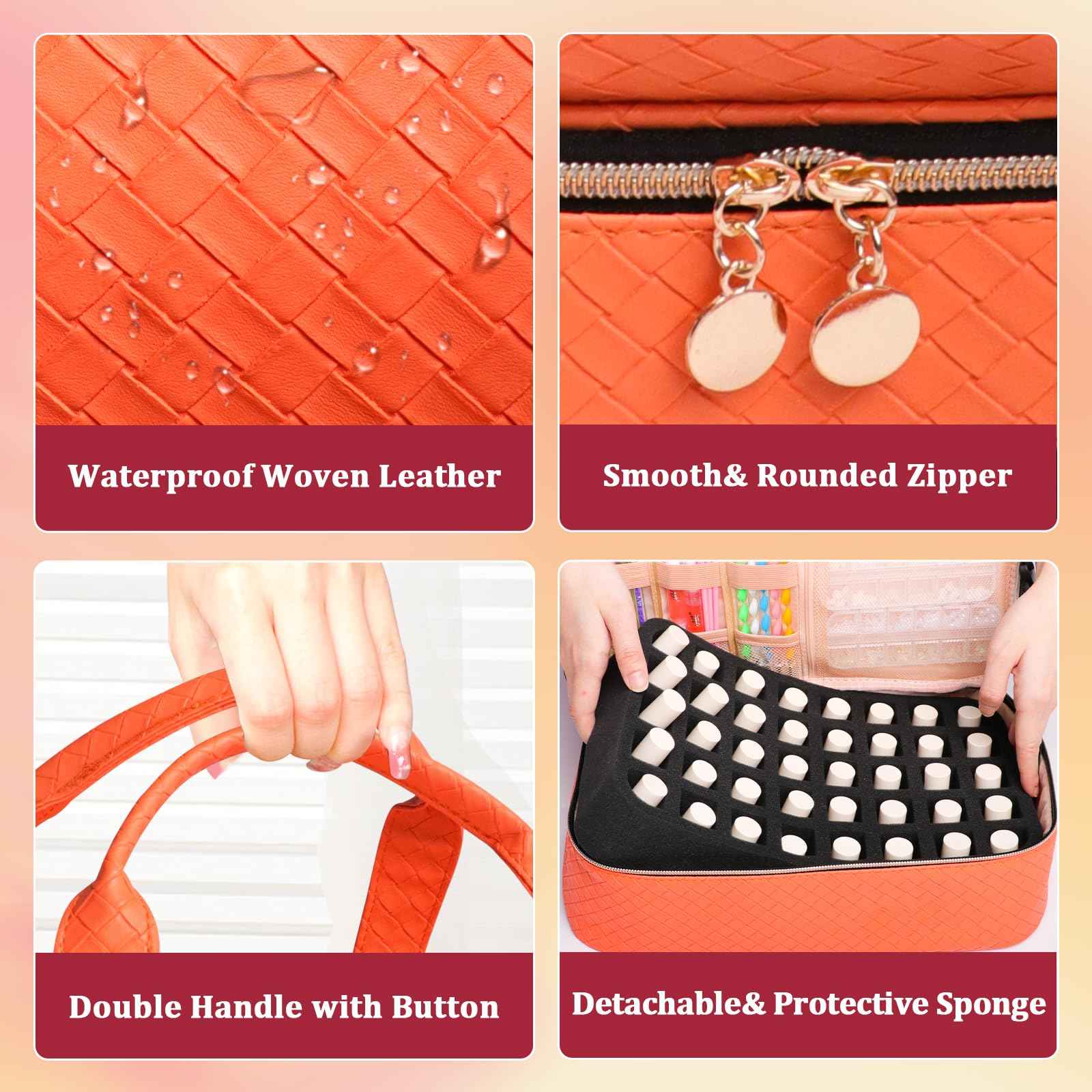 SIYNPAV Nail Polish Organizer Bag Holds 50 Bottles (15ml/0.5 fl.oz)& Nail Lamp, Woven Leather Nail Kit Storage Case with Holder Staps, Portable Nail Supplies Organizer for Manicure Tools (Orange)