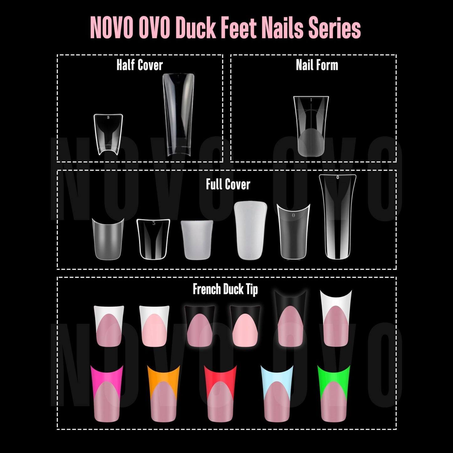 NOVO OVO French Tip Short Duck Nail Tips Press on, Pre-designed Soft Gel Nail Extension, BERRY PINK Pre-applied Tip Primer & Base Coat, Full Cover Matte Vrial False Nails for DIY x 12 Sizes 240 pcs