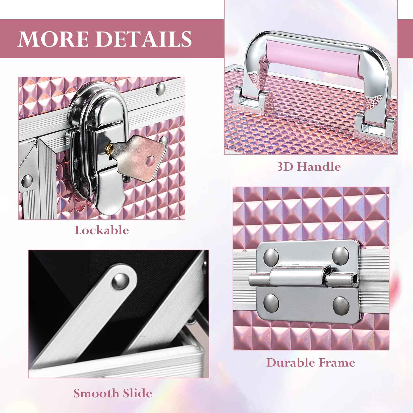 Joligrace Large Makeup Box Organizer, 12 Inch Makeup Train Case with Mirror, Cosmetic Travel Case with 3 Trays, Lockable Train Case for Makeup Artists & Nail Tech Supplies Pink