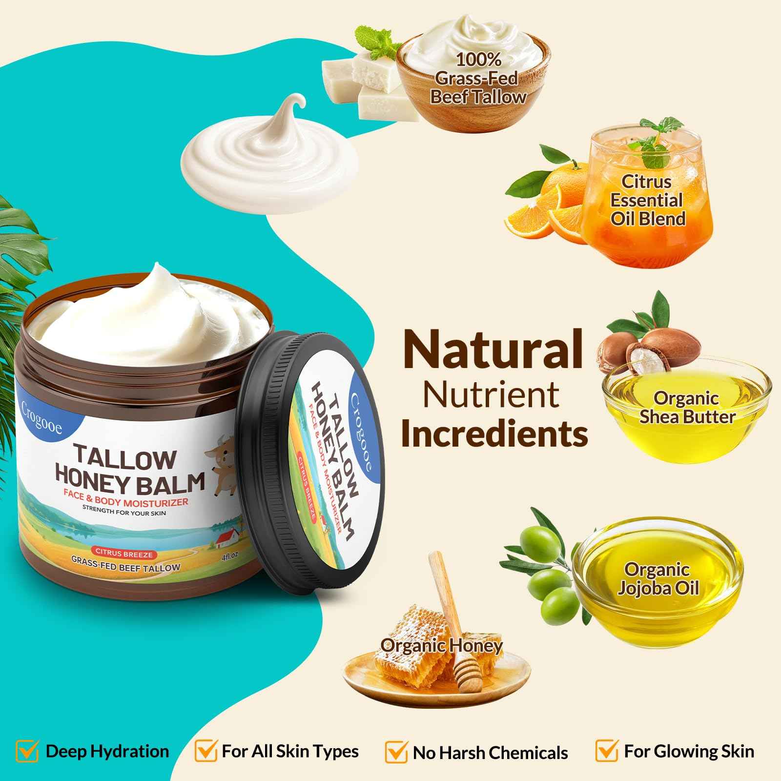 Beef Talow for Skin - 100% Grass Fed - Whipped Tallow and Honey Balm，Moisturizer Cream for Face & Body -Natural Organic Formula for Dry & Sensitive Skin (Citrus Breeze) (4 oz)