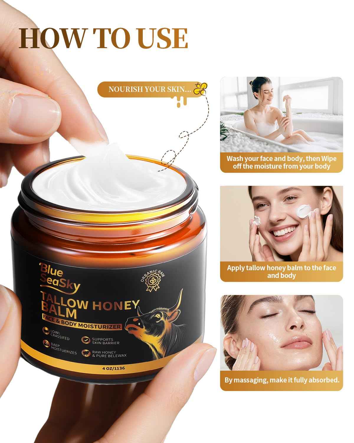 Upgraded Beef Tallow for Skin Handmade Whipped Organic Grass-Fed Tallow Balm with Raw Wild Honey for Eczema & Rosacea,Non-Comedogenic Face,Body Moisturizer for Dry, Sensitive Skin - 4oz Unscented