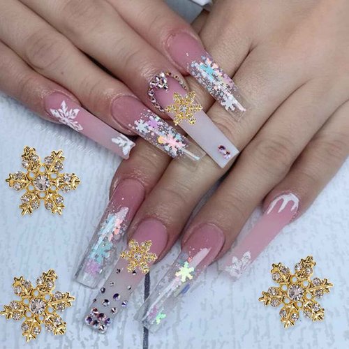 12Pcs Christmas Nail Charms 3D Alloy Snowflake Charm Gems Rhinestones Shiny Designs Silver Gold Jewelry for Women Girls Acrylic Manicure Decorations Supplies