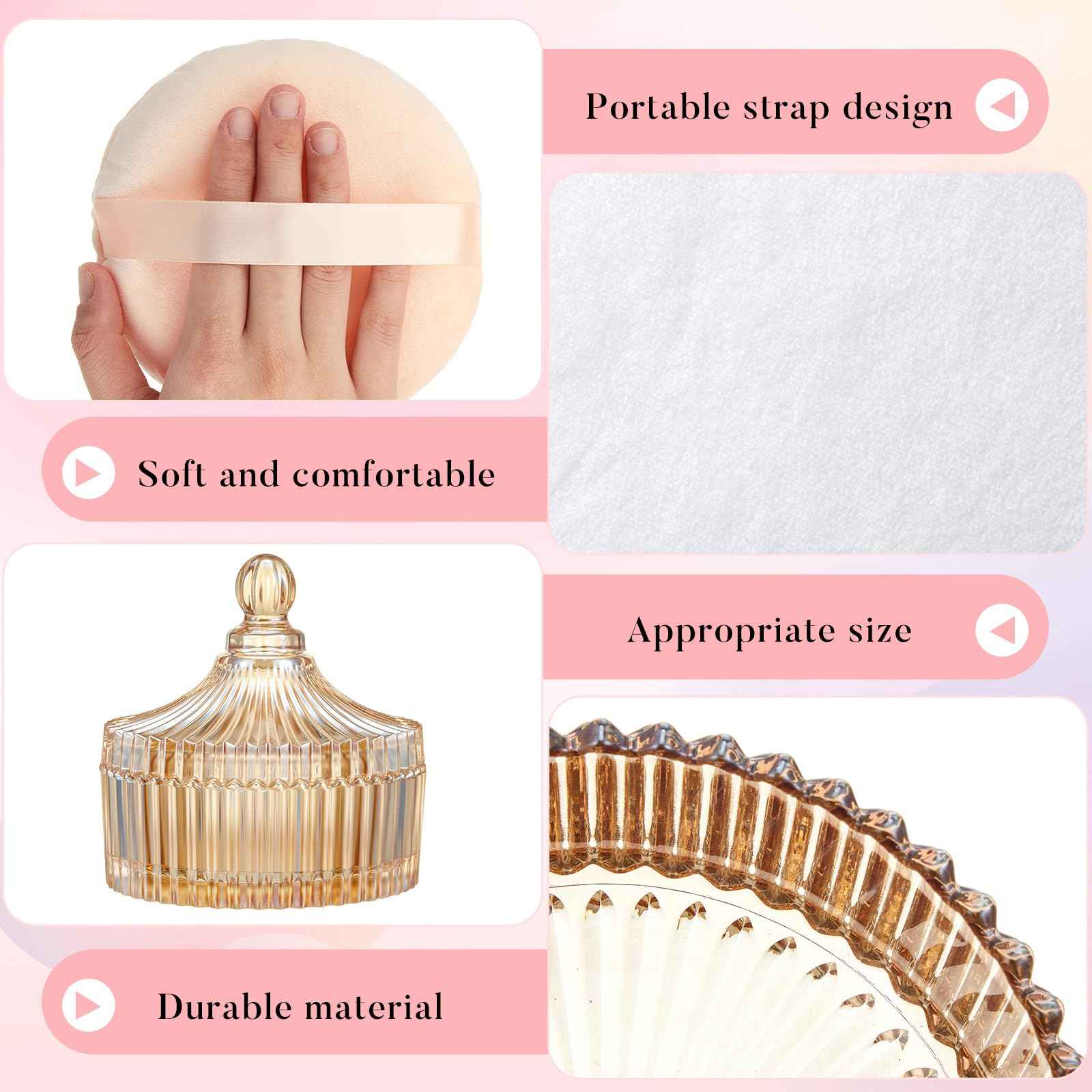 Tioncy 3 Pcs Extra Large Body Powder Puff and Container 5.43'' Glass Body Container with 5.12'' Powder Puff Glass Jar for Women's Talcum(Amber)