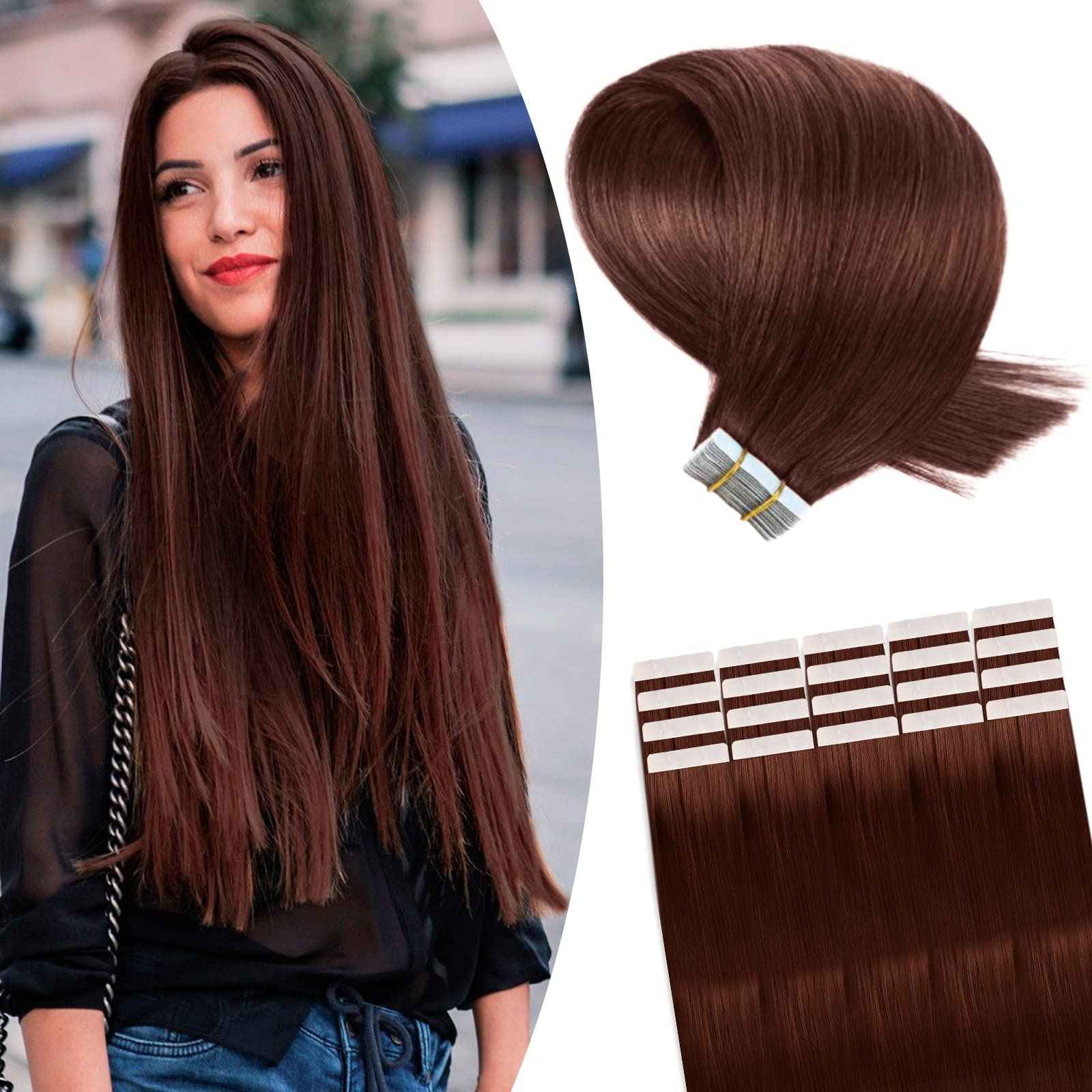 Fimislosion in Human Hair, 16 Inch Dark Auburn Real Human Hair Tape in Extensions, Invisible e ins Hair Extensions for Women, Seamless in 20Pcs 50Gram