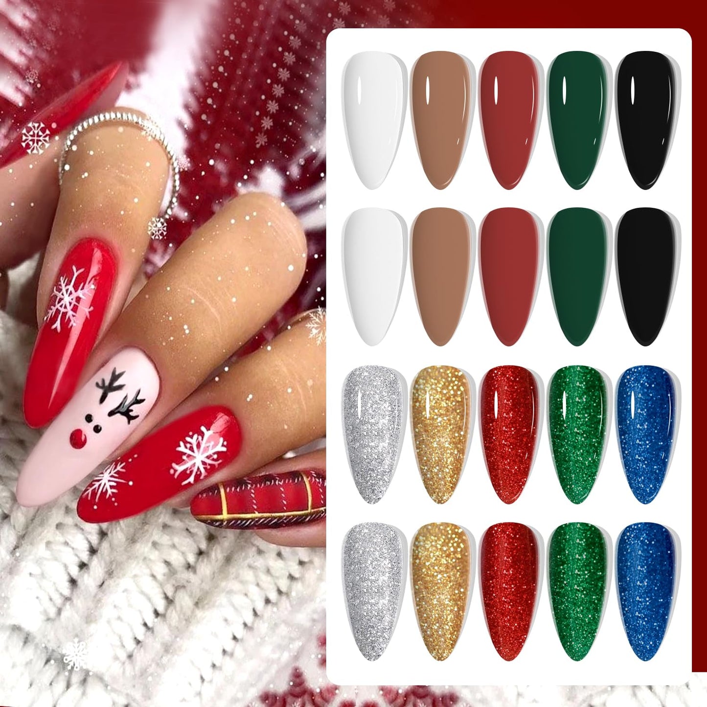 SHOYUM Christmas Day Gel Nail Polish Set - 10 Colors Gel Polish Set Red White Green Gold Silver Glitter Sparkle Gel Nail Kit Soak Off Nail Art Manicure DIY Gifts for Women Classic