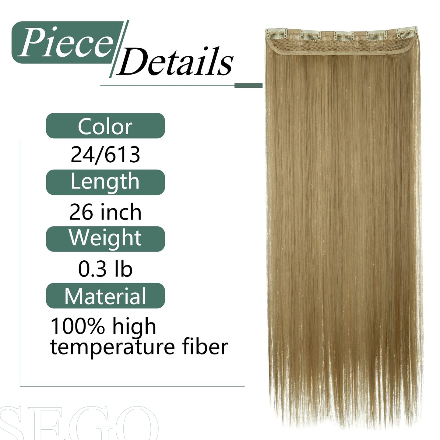 SEGO Hair Extension Clips 26 inch Long Straight Hairpieces Natural Heat Resistant Synthetic Thick 5 Secure Clip in Hair Extensions for Wome