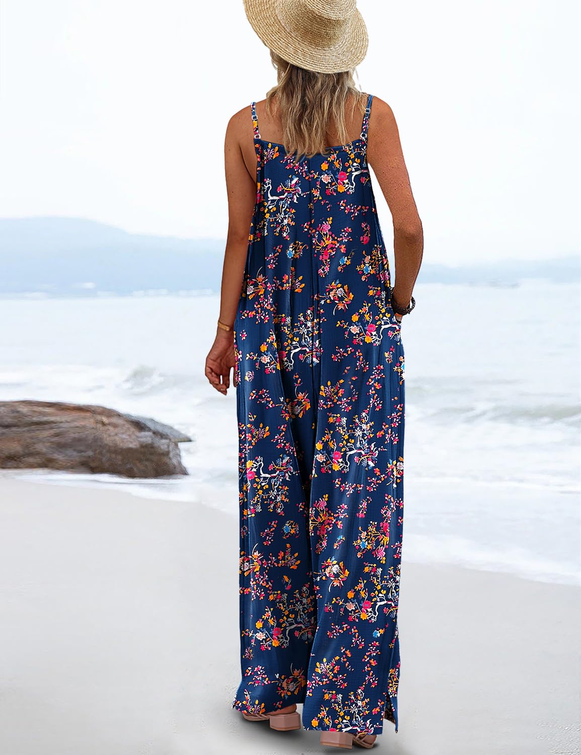 YESNO Women's Summer Boho Casual Jumpsuits Wide Leg Overalls Floral Print Baggy Rompers with Pockets XS PZZCR 30