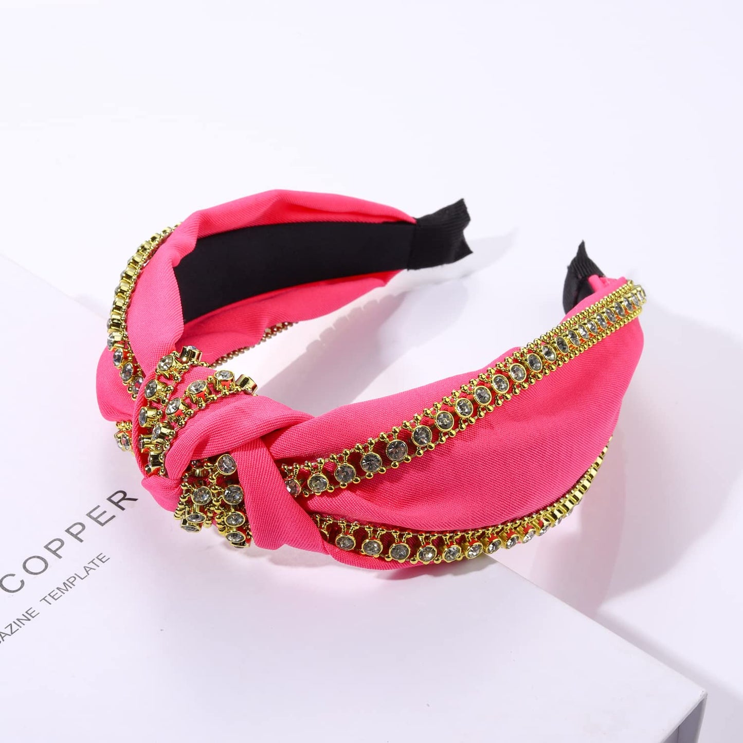 Rhinestone Knotted Headband Sparkle Rhinestone Chain Top Knot Headband for Women Girls White Black Hot Pink Wide Hairband Headpiece Hair Accessories Gift (hot pink rhinestone chain headband)