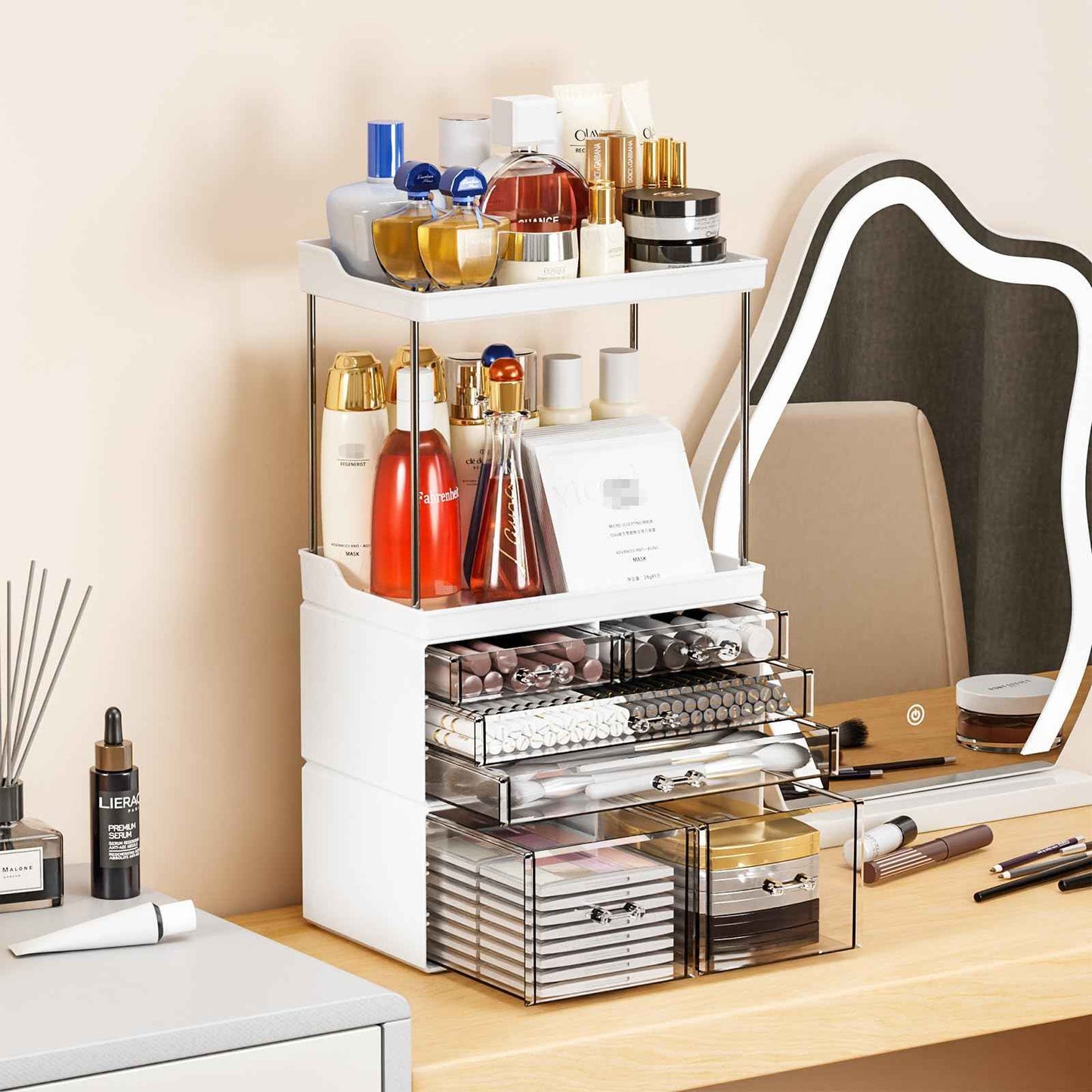 Yieach Bathroom Counter Organizers and Storage,White Acrylic Makeup Organizers with Drawers for Vanity,Bedroom,Plastic Skincare Organizer for Dresser Top Beauty,Cosmetic,Lotion and Perfume Organizer