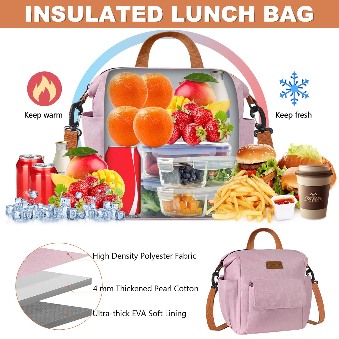 Joymee Insulated Lunch Bag for Women Men- Leak-proof Large Capacity Reusable Versatile Lunch Bag Adjustable Shoulder Strap Side Pockets- Lunch Cooler Bag for Adult - for Trip, Picnic, Work, Light Pink