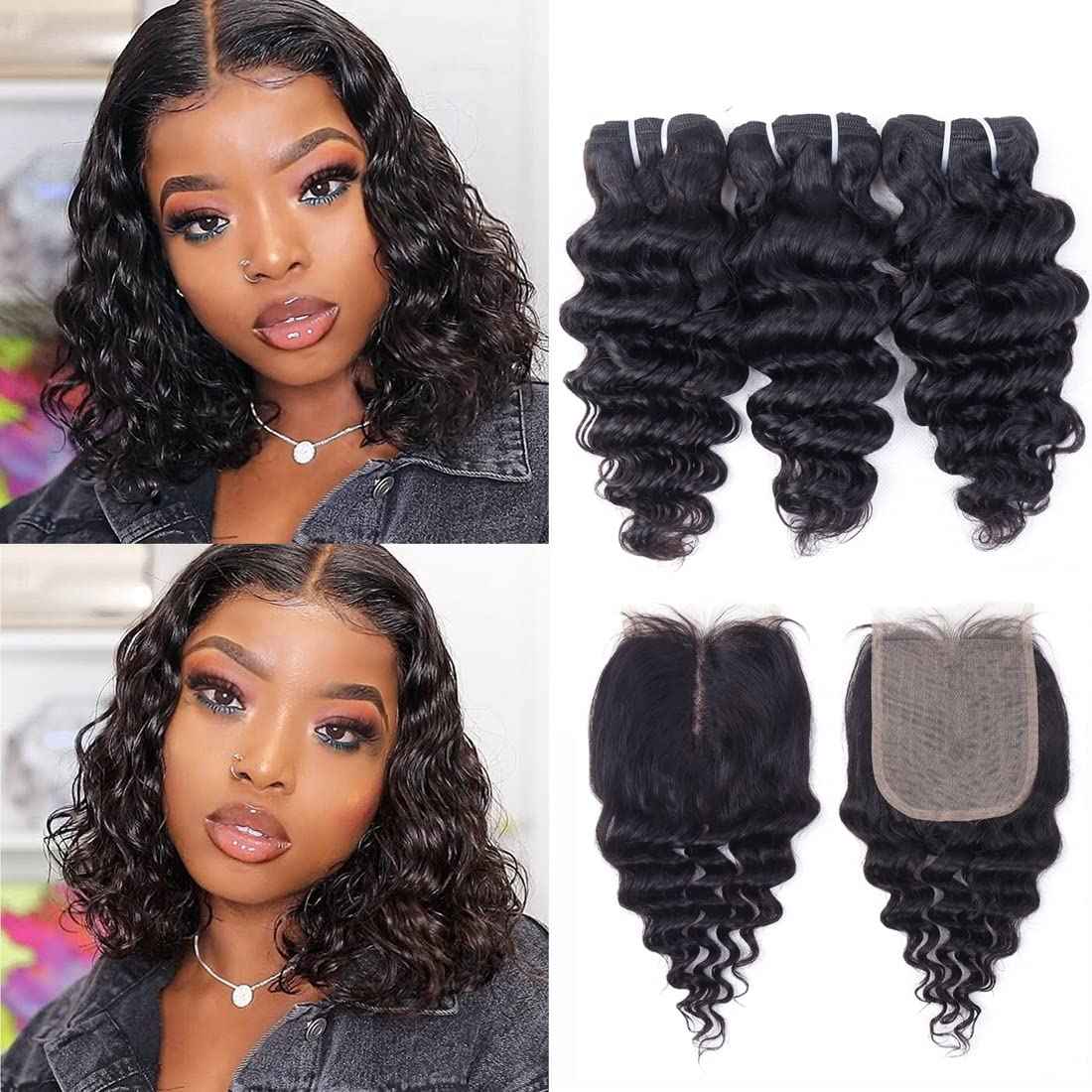 Deep Wave Bundles with Closure Brazilian Deep Curly Human Hair 3 Bundles with Closure(10 10 10+10) Middle Part 4x4 inch Lace Closure Wet and Wavy Natural Color 50g