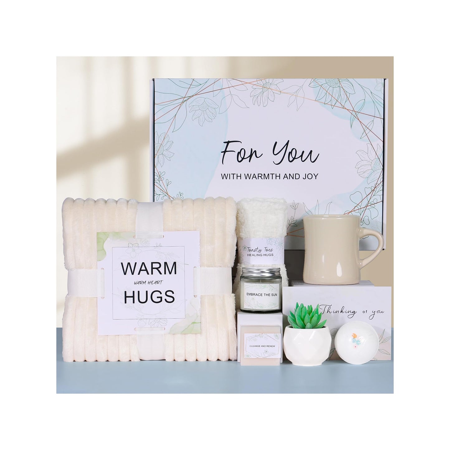 Unique Get Well Gifts for Women - Healing Hugs Gift Box with Cozy Blanket, Plush Socks, Rose-Scented Bath Bomb, Silkworm Protein Soap, Succulent, Mug, Scented Candle, and “Thinking of You” Card