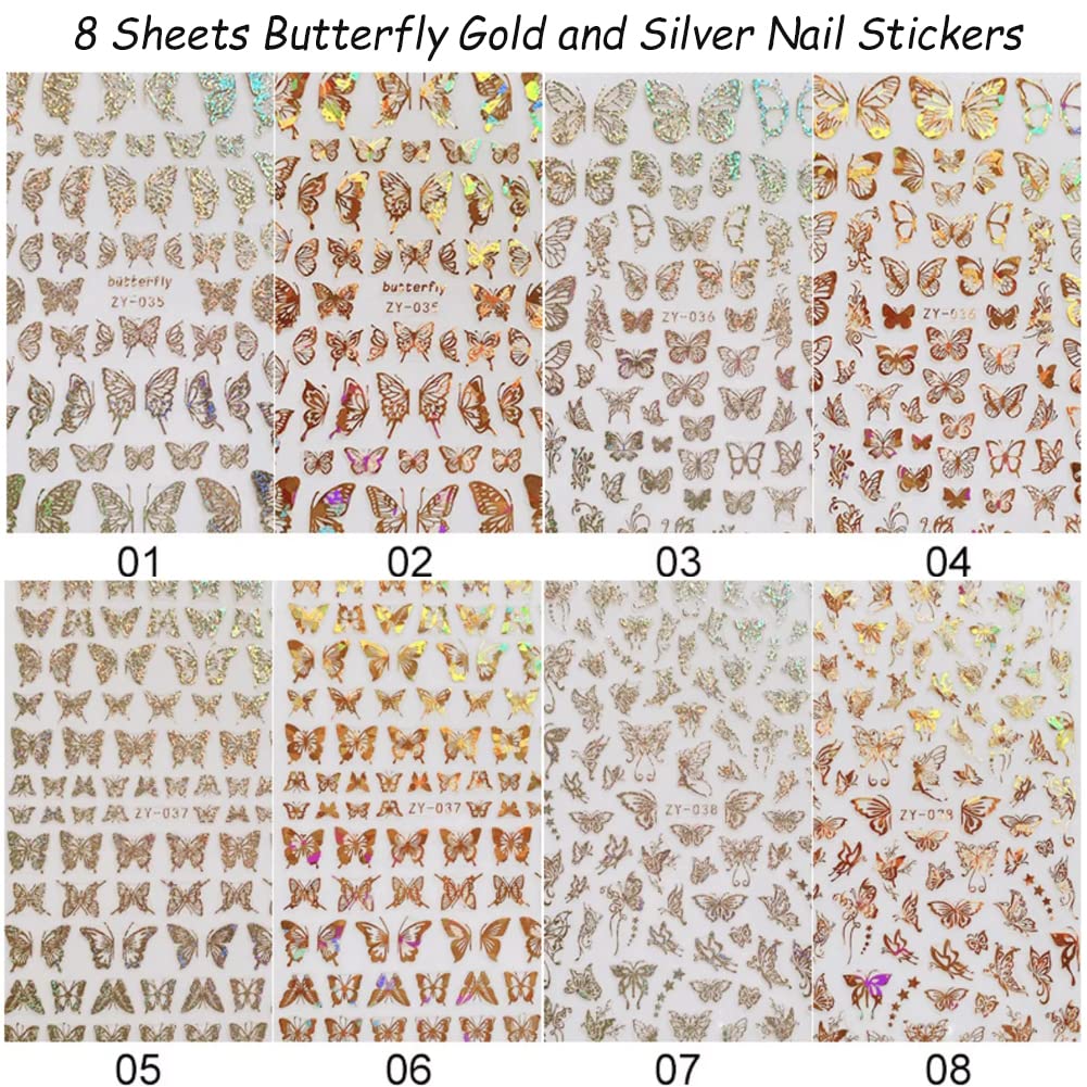 8 Sheets Butterfly Nail Art Stickers Gold Nail Decals,3D Luxury Nail Art Supplies Butterflies Gold Silver Nail Decoration for Designer Nail Stickers for Women DIY Acrylic Nails Decorations Accessories