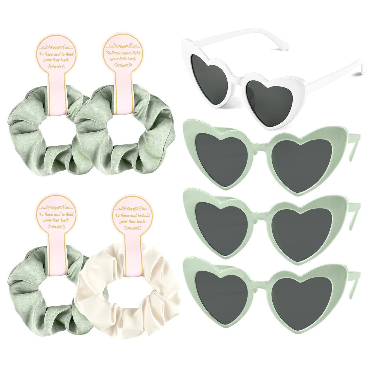 BOUBONI 4 Pcs Satin Bridesmaid Scrunchies 4 Pairs Bachelorette Sunglasses Elastic Bridal Party Hair Ties Ideas Gift Heart Shaped Sunglasses for Wedding Party Bridesmaid Proposal Gifts (Green, White)