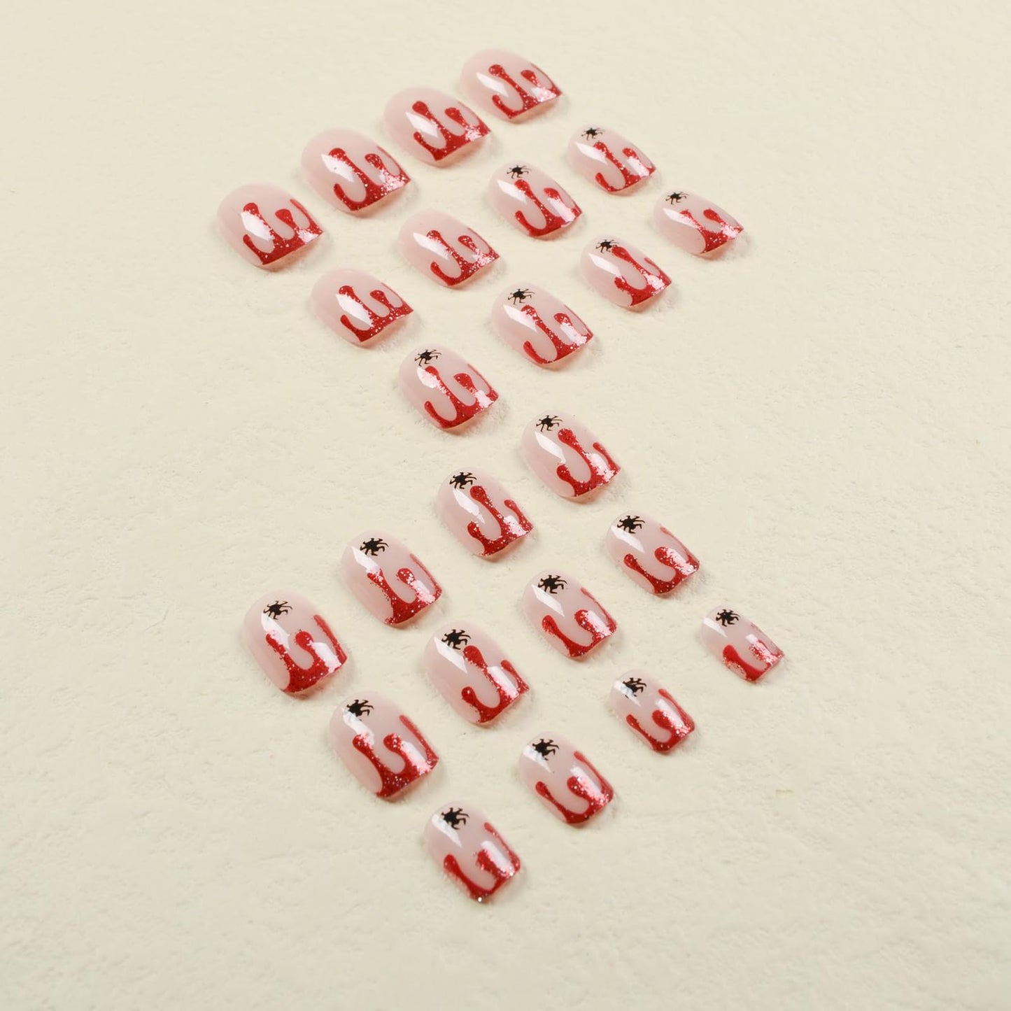 Short Square Press on Nails Halloween Fake Nails French Tip Acrylic Nails Short False Nails with Red Blood Spider Designs Full Cover Artificial Nails Glossy Stick on Nails Cute Glue on Nails 24Pcs