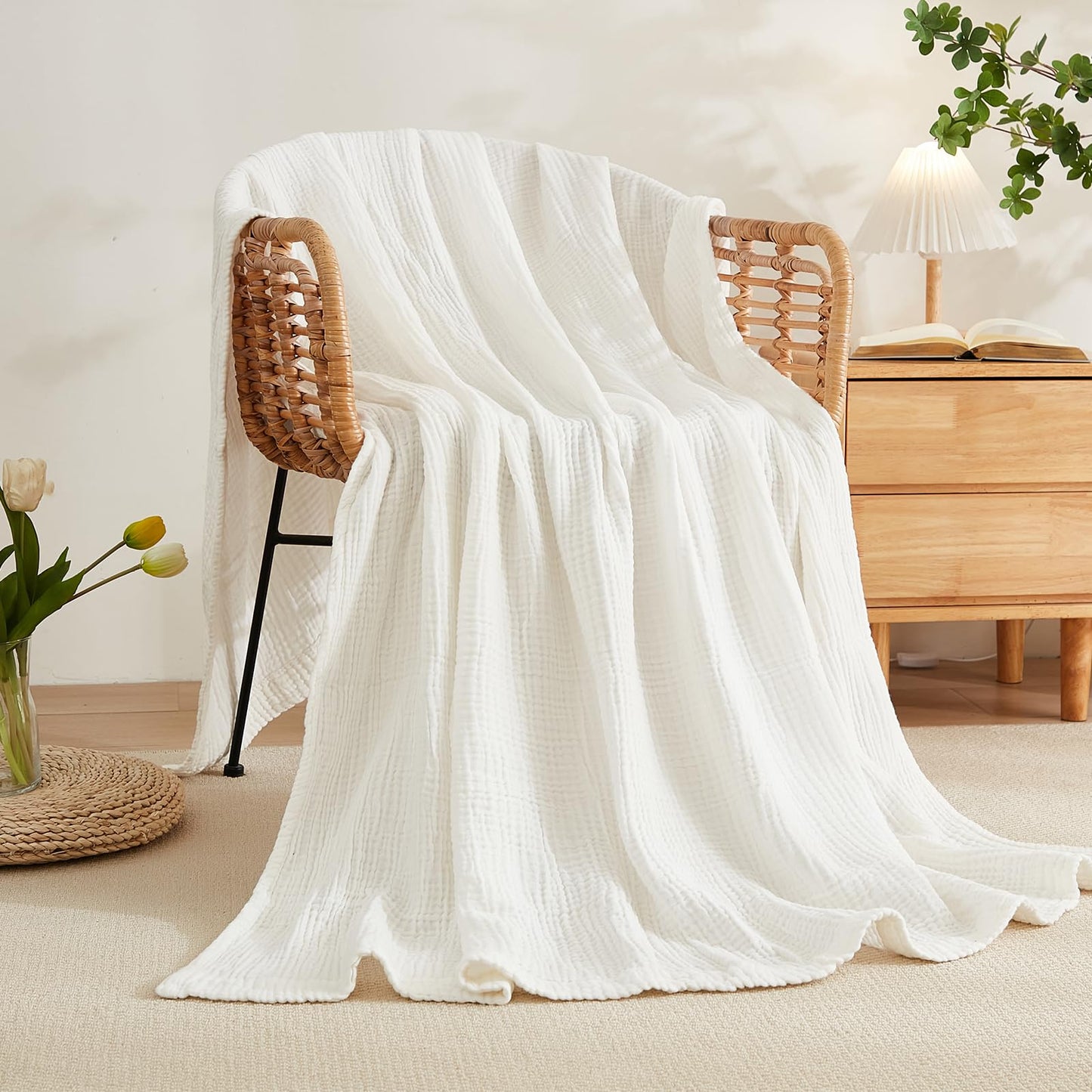 EMME Cotton Blanket Queen Size for Bed Soft Large Muslin Bed Bedspread 80"x90" Lightweight Breathable White Blanket All Season Gauze Blanket, White