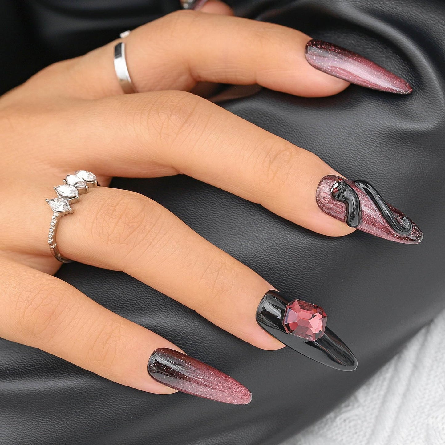 Sethexy Punk Handmade Press On Nails Long Stiletto Acrylic False Nails with Design Glossy Rhinestone Salon Fake Nail for Women and Girls 10PCS (Dark Red)