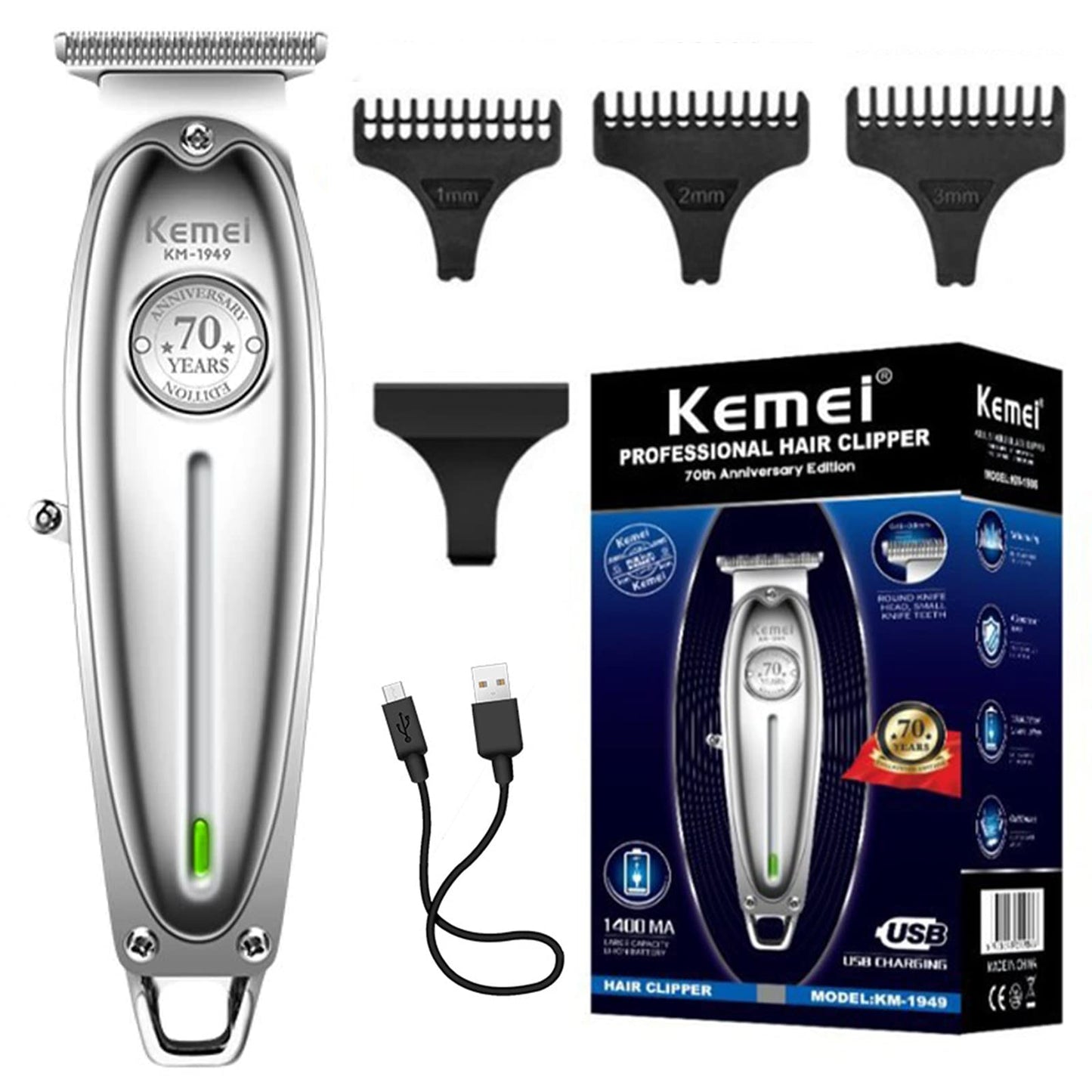 Kemei 1949 Trimmer Professional Hair Clippers for Men Zero Gap Electric Cordless Beard/Hair Trimmer Rechargeable T-Blade Haircut Machine for Stylists and Barbers Grooming Kit, Silver