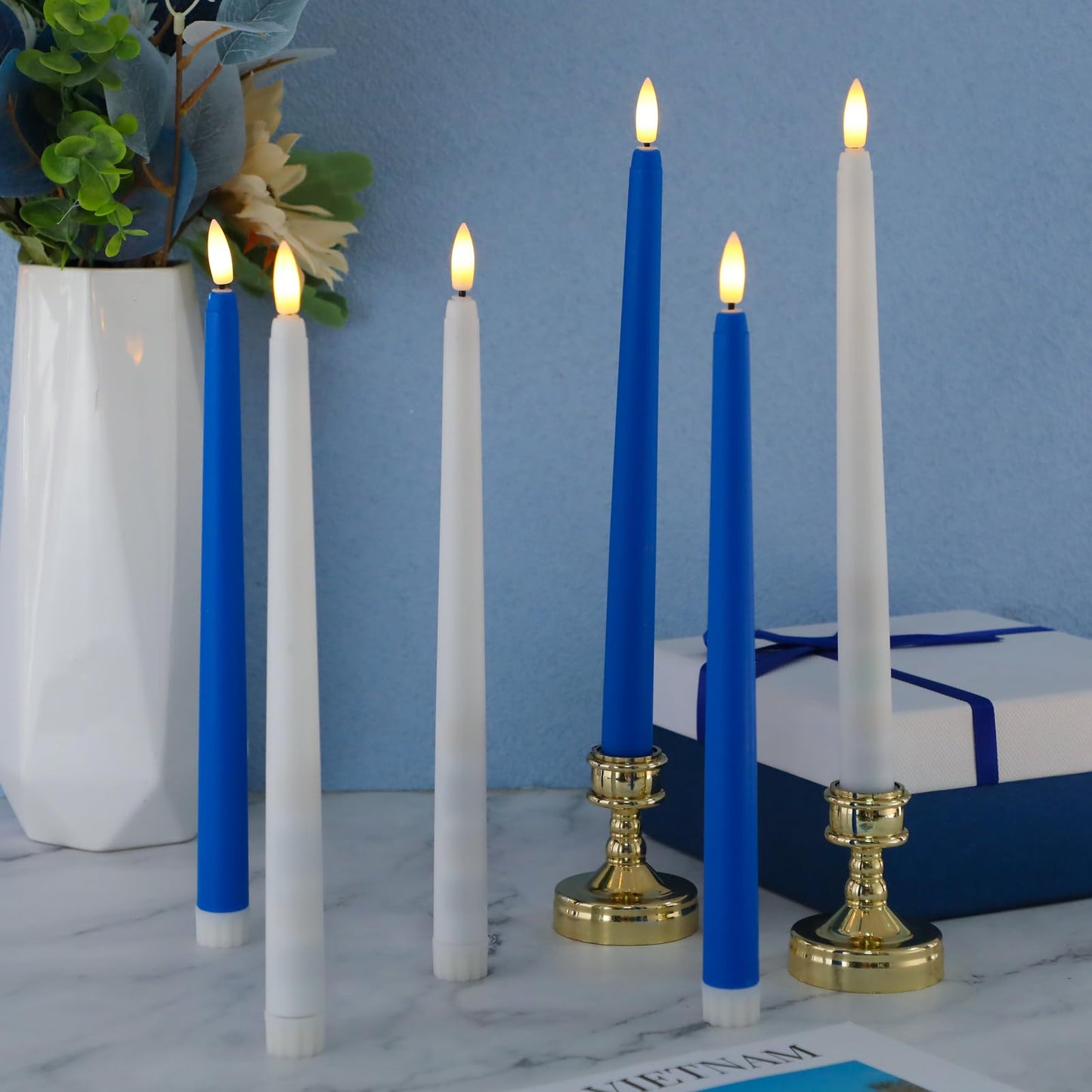 Macarrie 24 Packs Flameless Taper Candles Battery Operated 11 Inch Long Candle Light LED Flameless Candlesticks Fake Candles Flickering Tapered Candles for Wedding, Christmas(Blue, White)